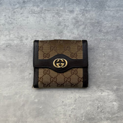 Gucci GG Monogram Small Wallet in beige canvas with dark brown leather trim and gold-tone GG logo, featuring card slots and coin pocket.