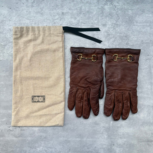 Gucci Vintage Horsebit Leather Gloves Brown, crafted in supple leather with signature gold-tone horsebit detail, includes dust bag.