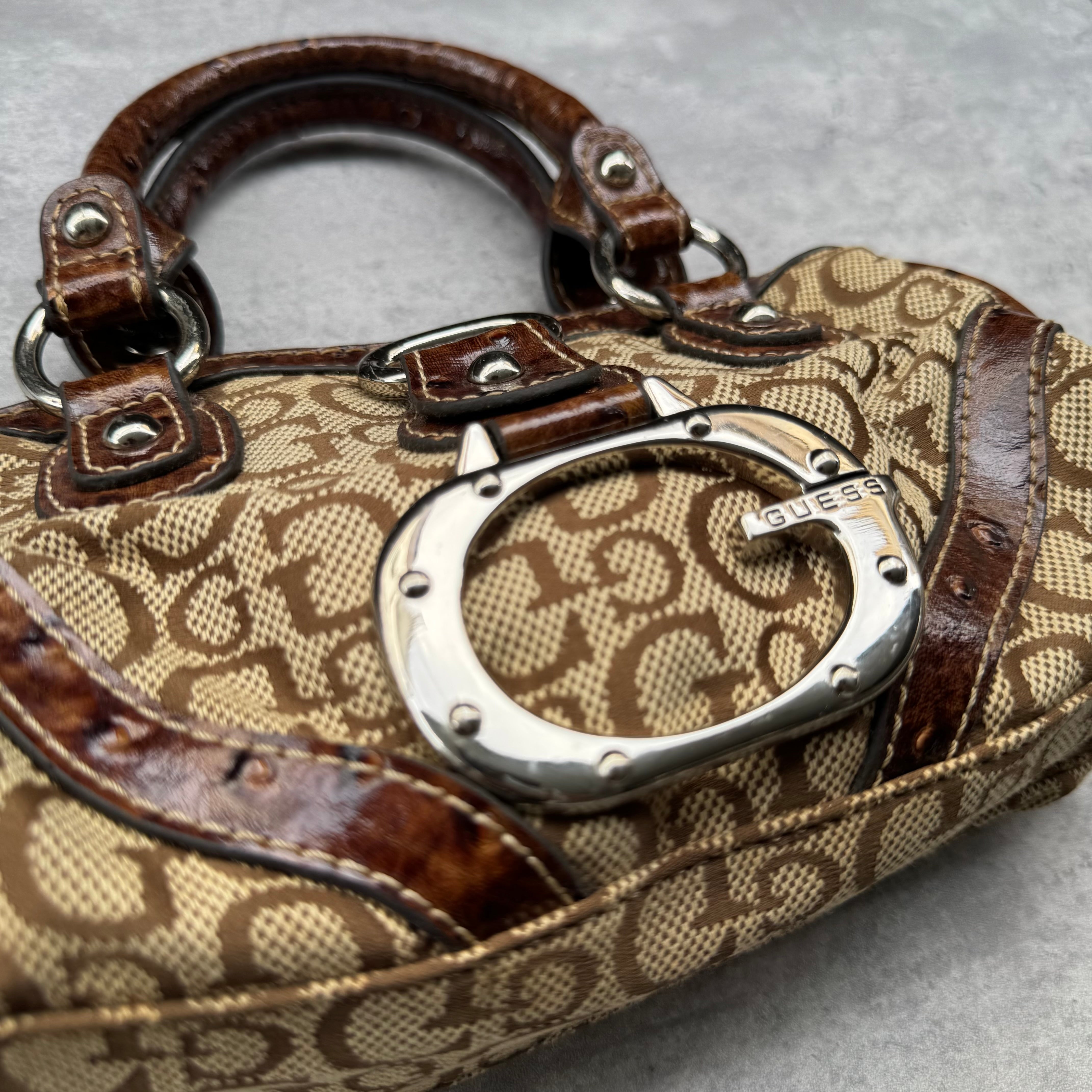 Guess Vintage 00s Monogram Y2K Bag in beige canvas with brown faux croc leather trim, silver-tone hardware, and leopard print lining.