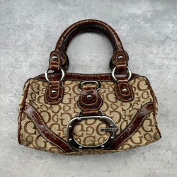 Guess Vintage 00s Monogram Y2K Bag in beige canvas with brown faux croc leather trim, silver-tone hardware, and leopard print lining.