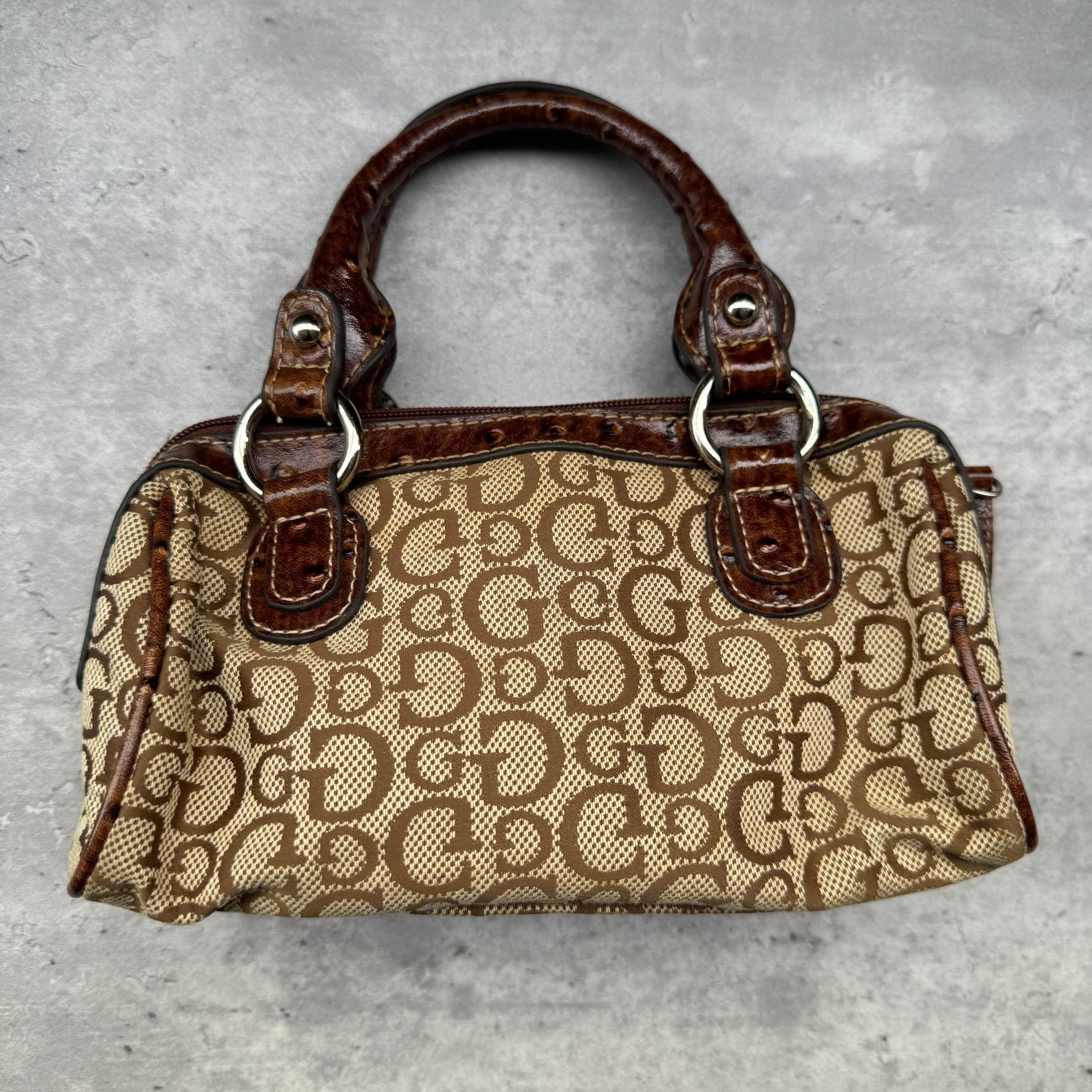 Guess Vintage 00s Monogram Y2K Bag in beige canvas with brown faux croc leather trim, silver-tone hardware, and leopard print lining.
