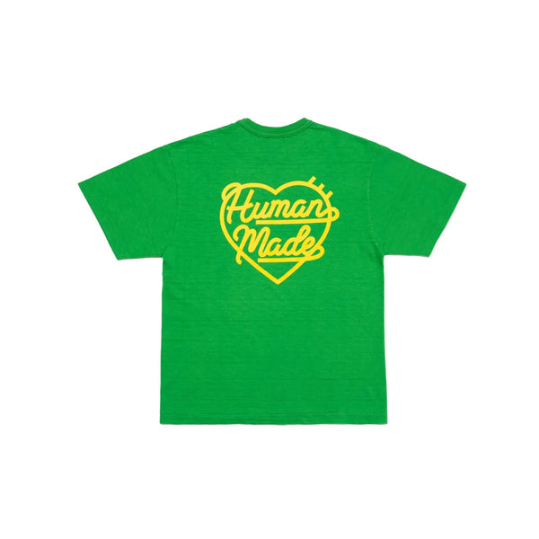 Human Made Coloured Small Heart Tee Green, featuring small yellow heart logo on front and large back graphic on green cotton tee.