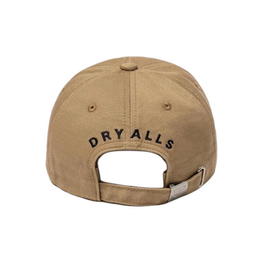 Human Made 6 Panel Twill Cap Beige, featuring red heart logo on front, DRY ALLS embroidery on back, and adjustable strap in cotton twill.