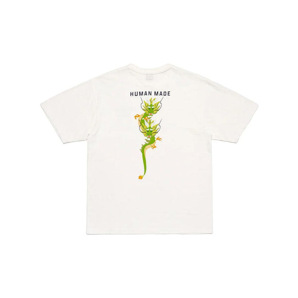 Human Made Dragon Backprint T-Shirt White SS24, featuring front “The Future Is In The Past” print and large green dragon graphic on the back.