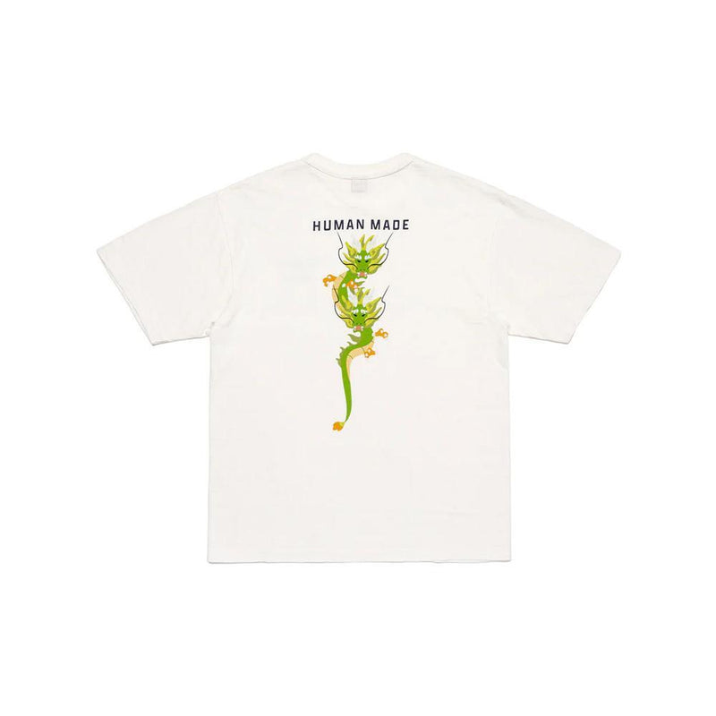 Human Made Dragon Backprint T-Shirt White SS24, featuring front “The Future Is In The Past” print and large green dragon graphic on the back.