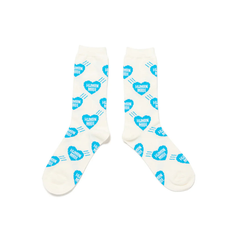 Human Made Long Socks Blue, featuring blue heart logo pattern on off-white cotton blend with ribbed cuffs and extended length.