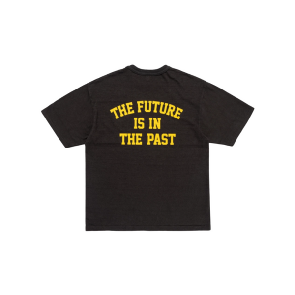 Human Made 'The Future Is In The Past' T-Shirt Black SS24, featuring yellow front and back graphics on black cotton tee.