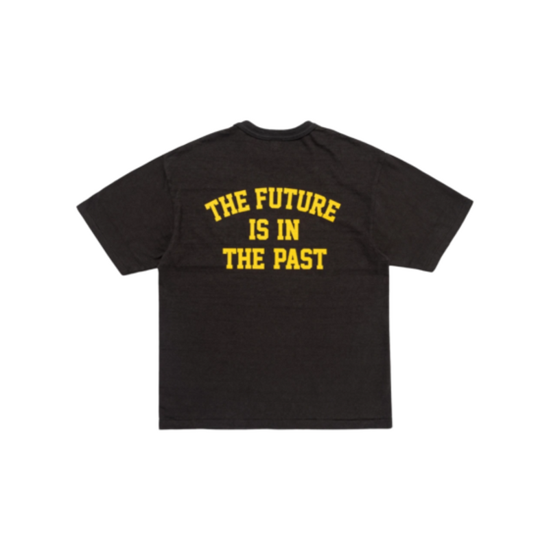 Human Made 'The Future Is In The Past' T-Shirt Black SS24, featuring yellow front and back graphics on black cotton tee.