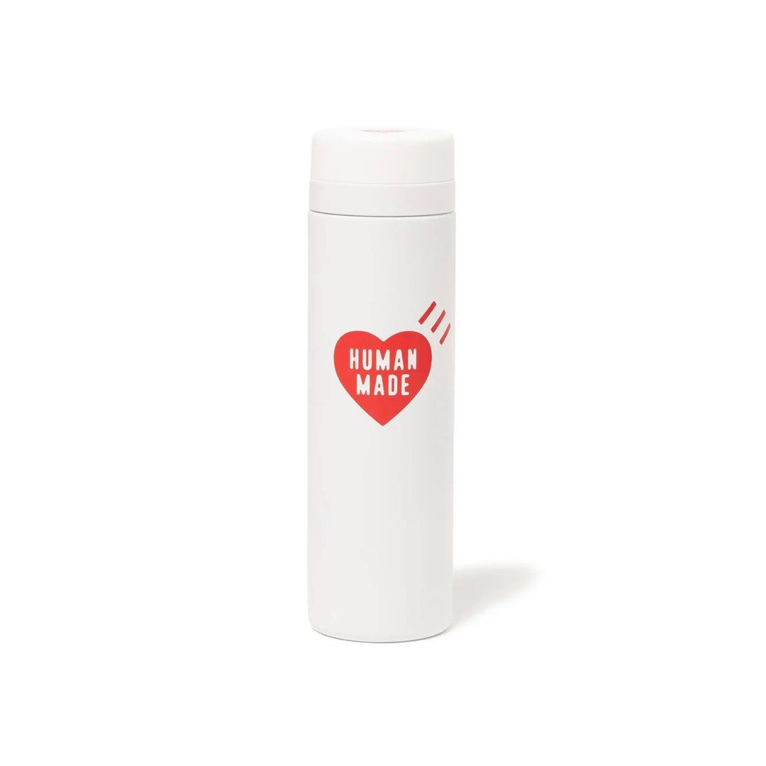 Human Made Thermo Bottle 300ml White, featuring a red heart logo on a sleek white insulated stainless steel body.