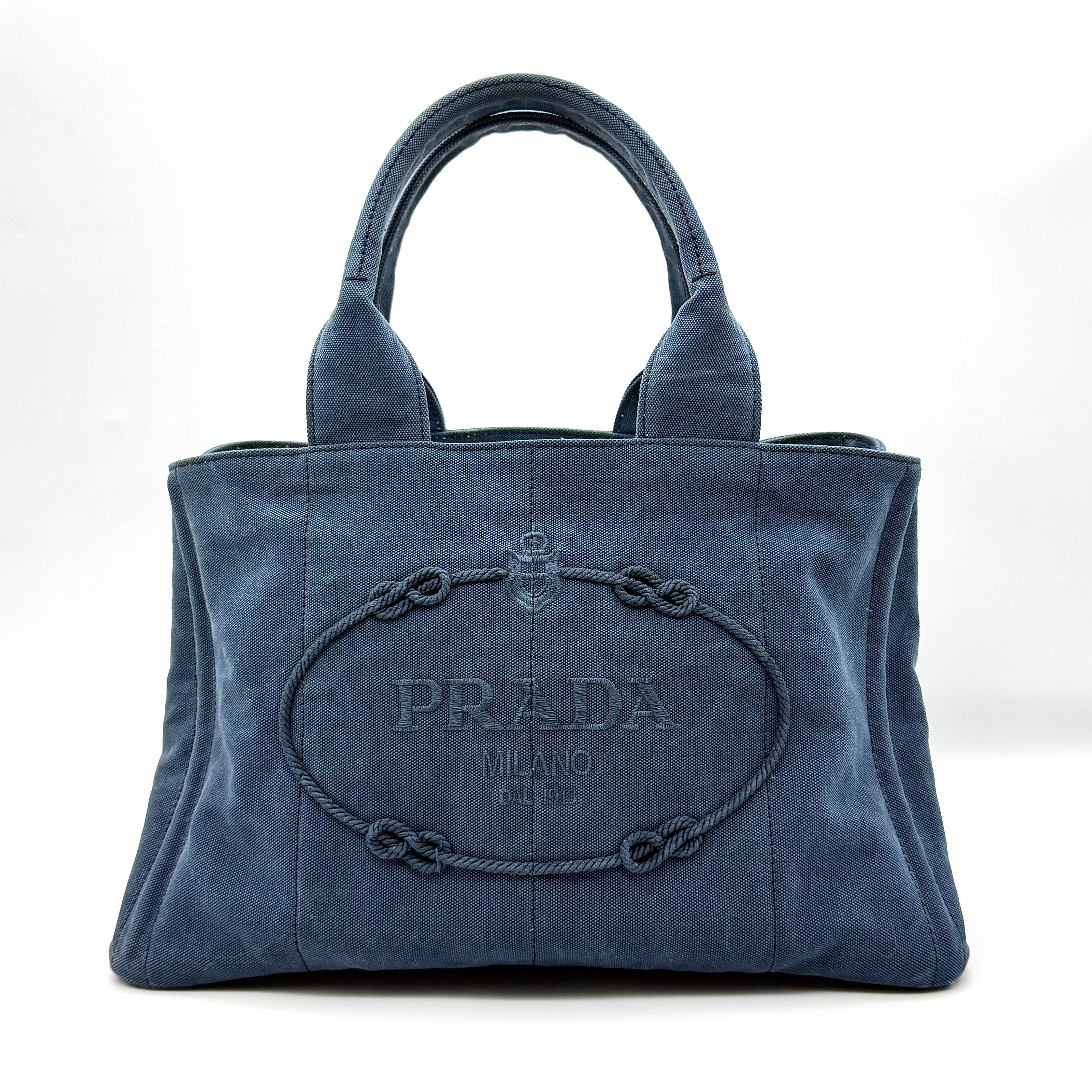 Prada Canapa Embroidered Logo Tote Bag Blue