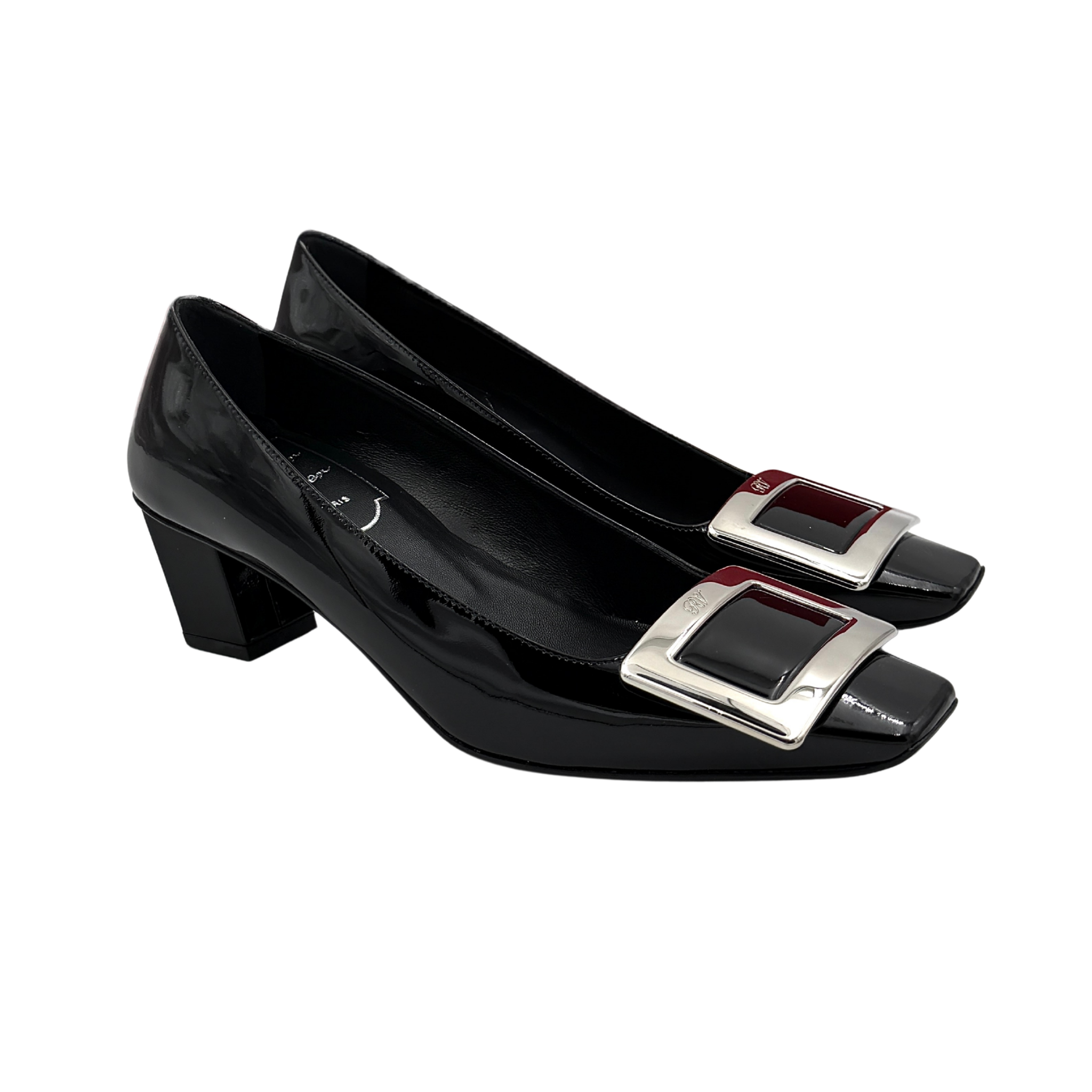 A pair of Roger Vivier Belle Vivier black patent pumps with signature silver-tone buckles, displayed at an angle.