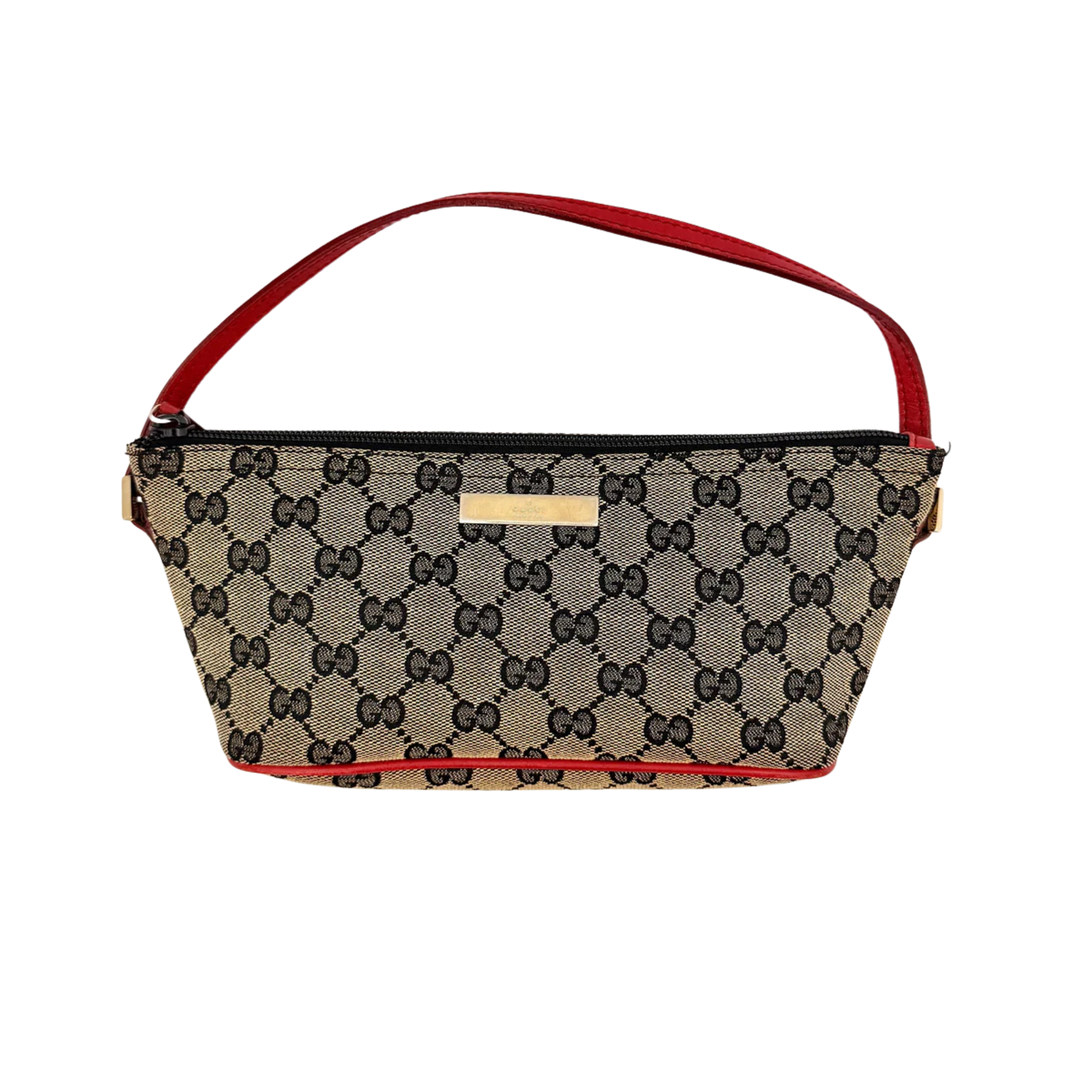 Gucci GG Monogram Pochette Boat Shoulder Bag in grey canvas with red leather trim and gold plaque, shown against a plain background.