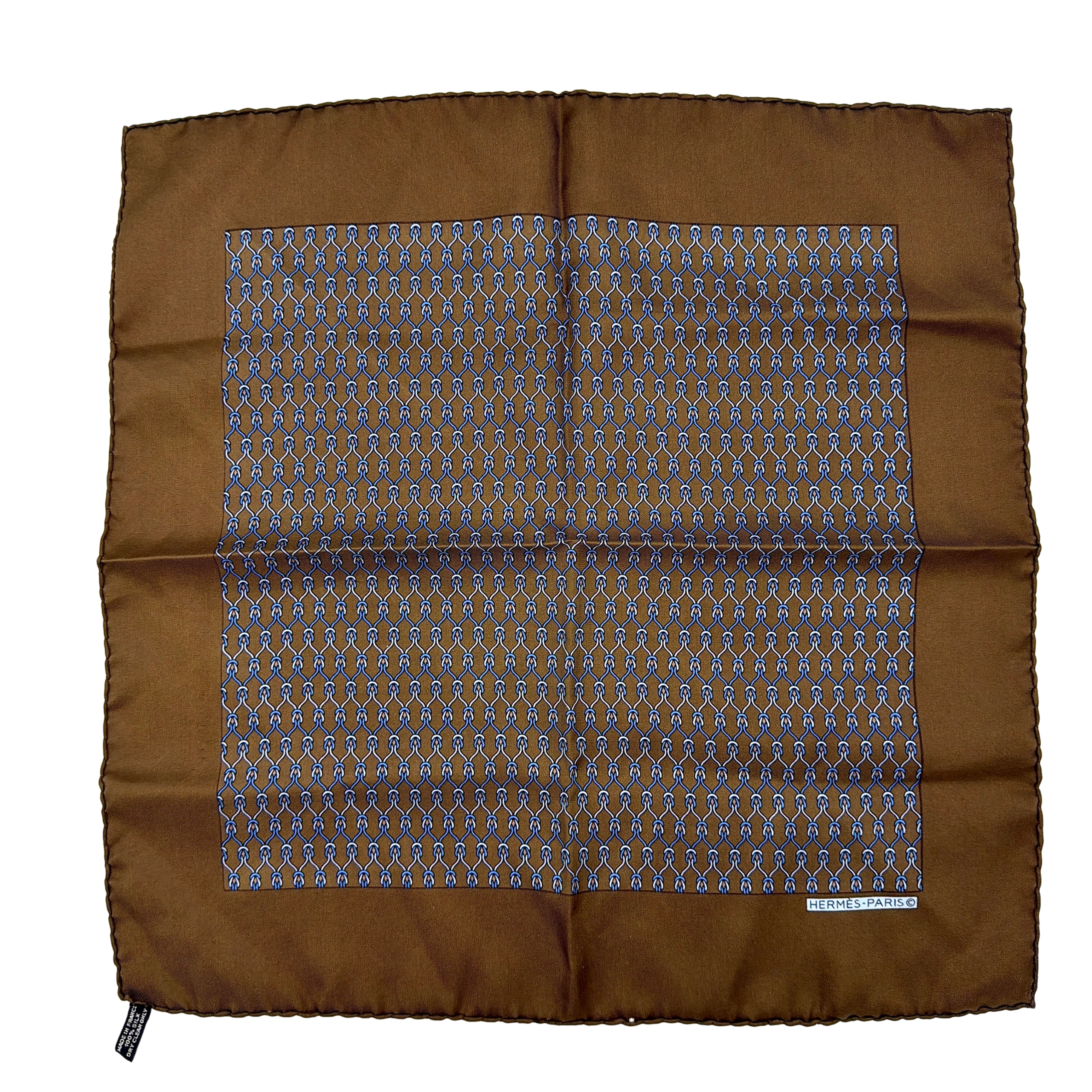 Hermès brown silk scarf featuring a blue and white chain link pattern, finished with elegant rolled edges.