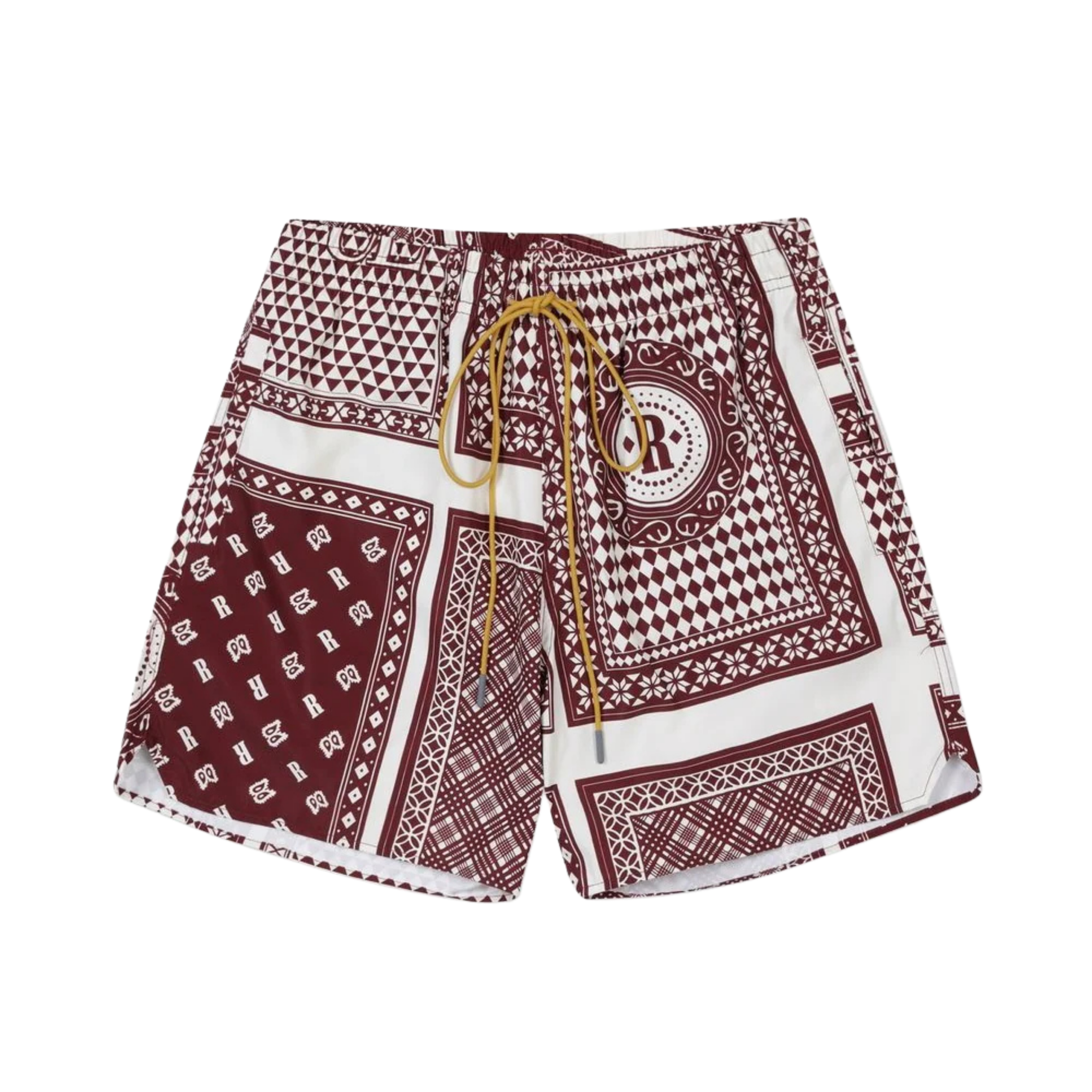 Rhude maroon and white swim shorts with a card print pattern and yellow drawstring, presented flat.