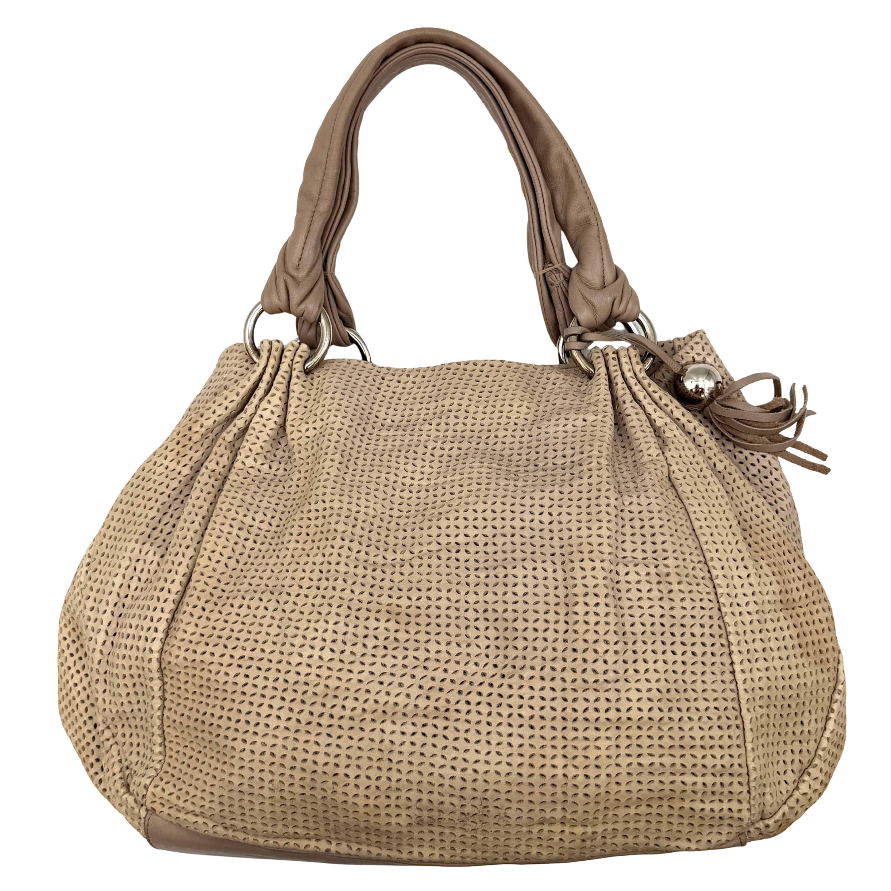 Furla light brown python-embossed hobo bag with perforated leather, silver hardware, and double handles.
