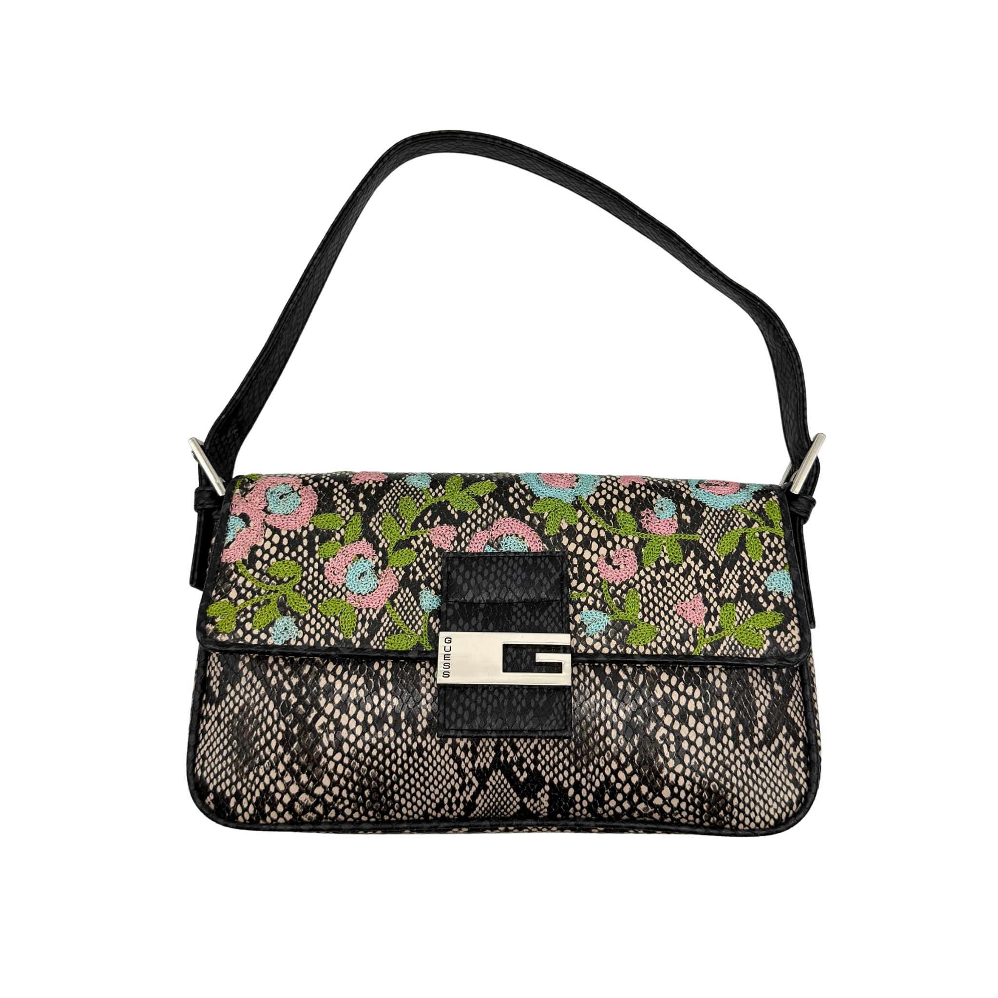 Guess Y2K Floral Embroidered Snakeprint Baguette Bag Multicolor