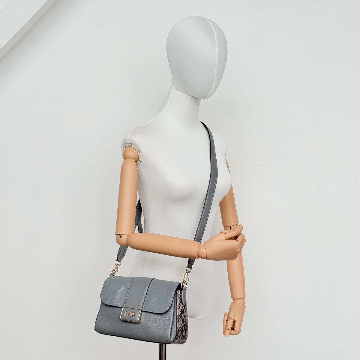 Coach Grace grey pebbled leather shoulder bag with python-embossed sides and gold coach carriage hardware, styled with a long adjustable strap.