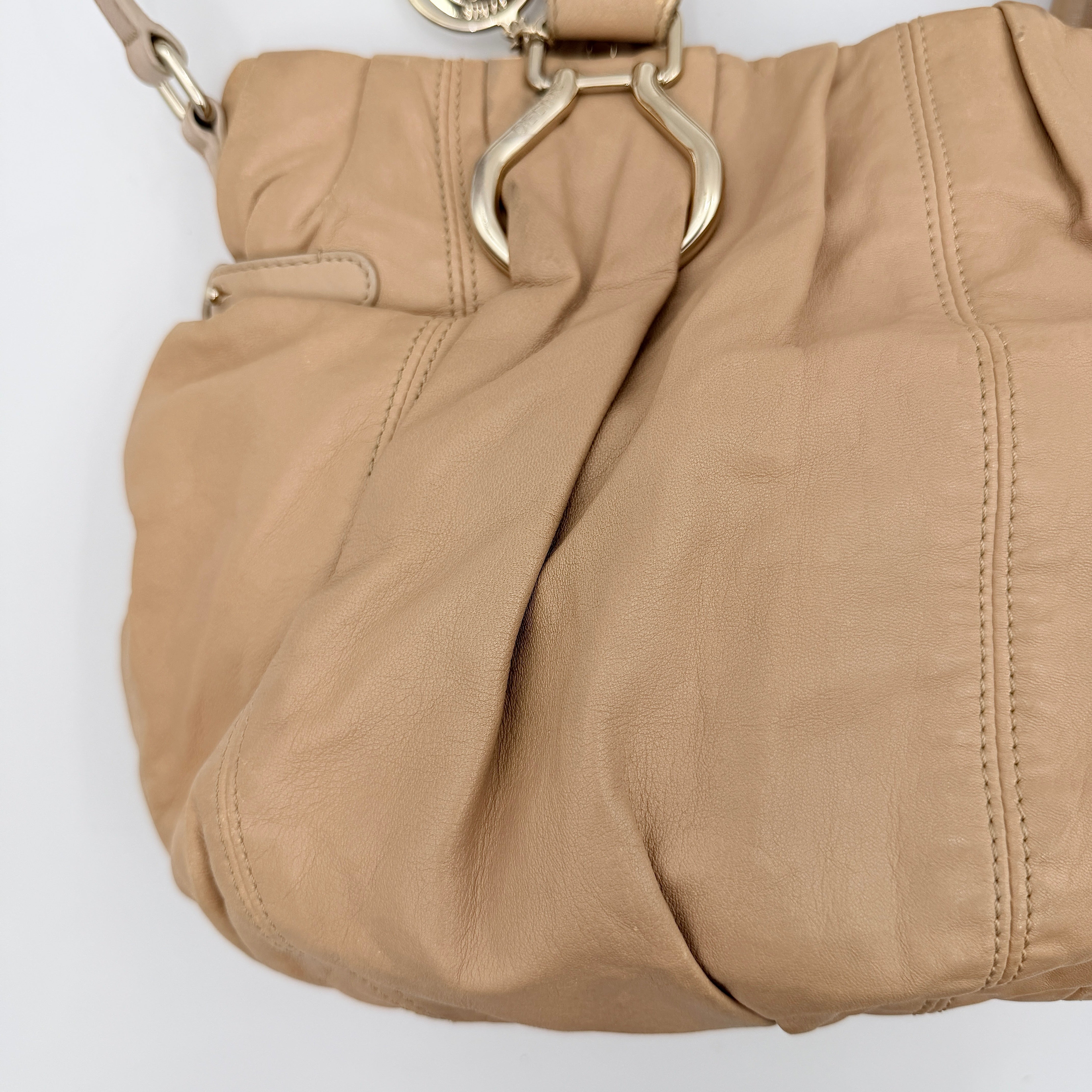 Celine 2Way Leather Shoulder Bag in muted brown leather with gold-tone hardware, adjustable strap, and double handles.
