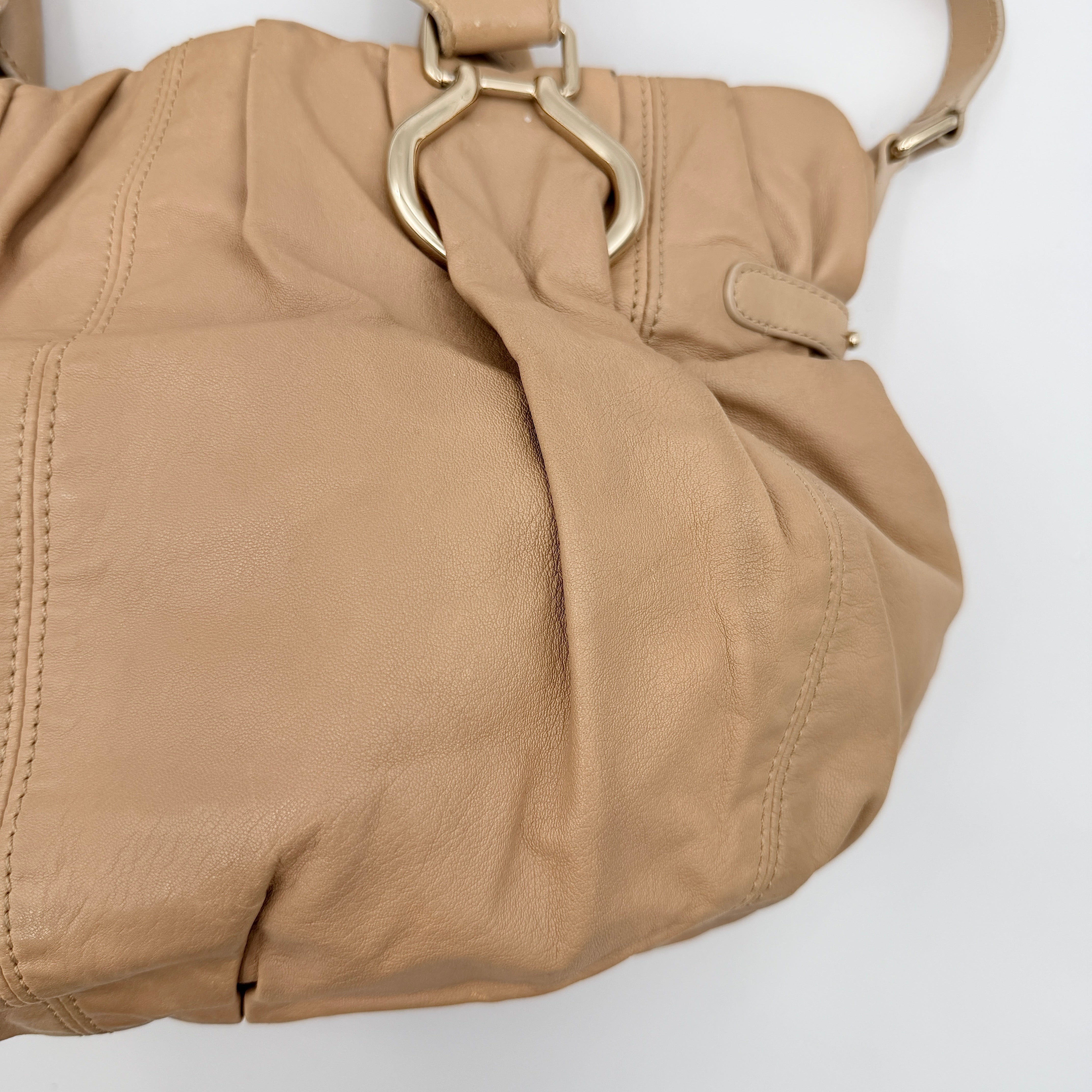 Celine 2Way Leather Shoulder Bag in muted brown leather with gold-tone hardware, adjustable strap, and double handles.