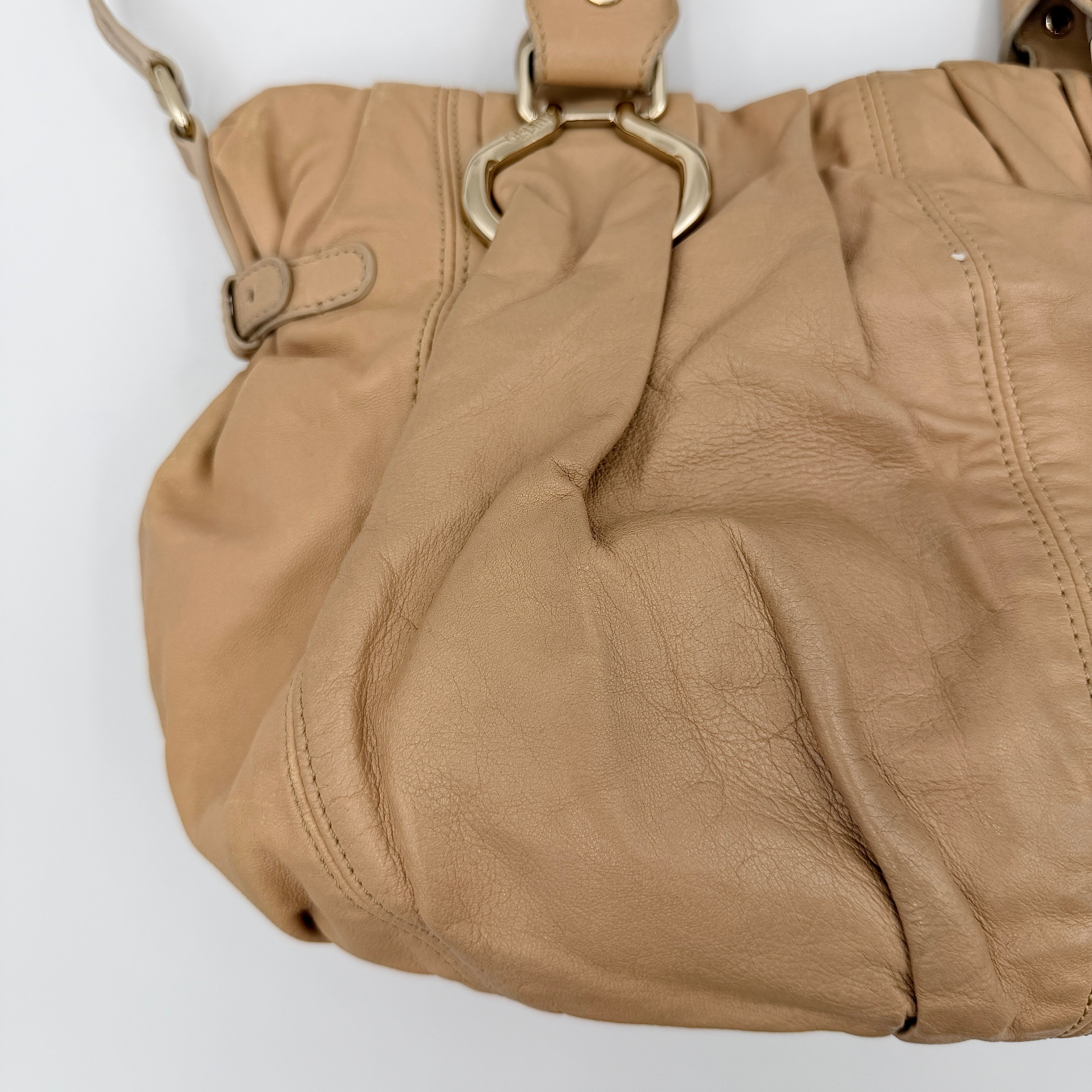 Celine 2Way Leather Shoulder Bag in muted brown leather with gold-tone hardware, adjustable strap, and double handles.