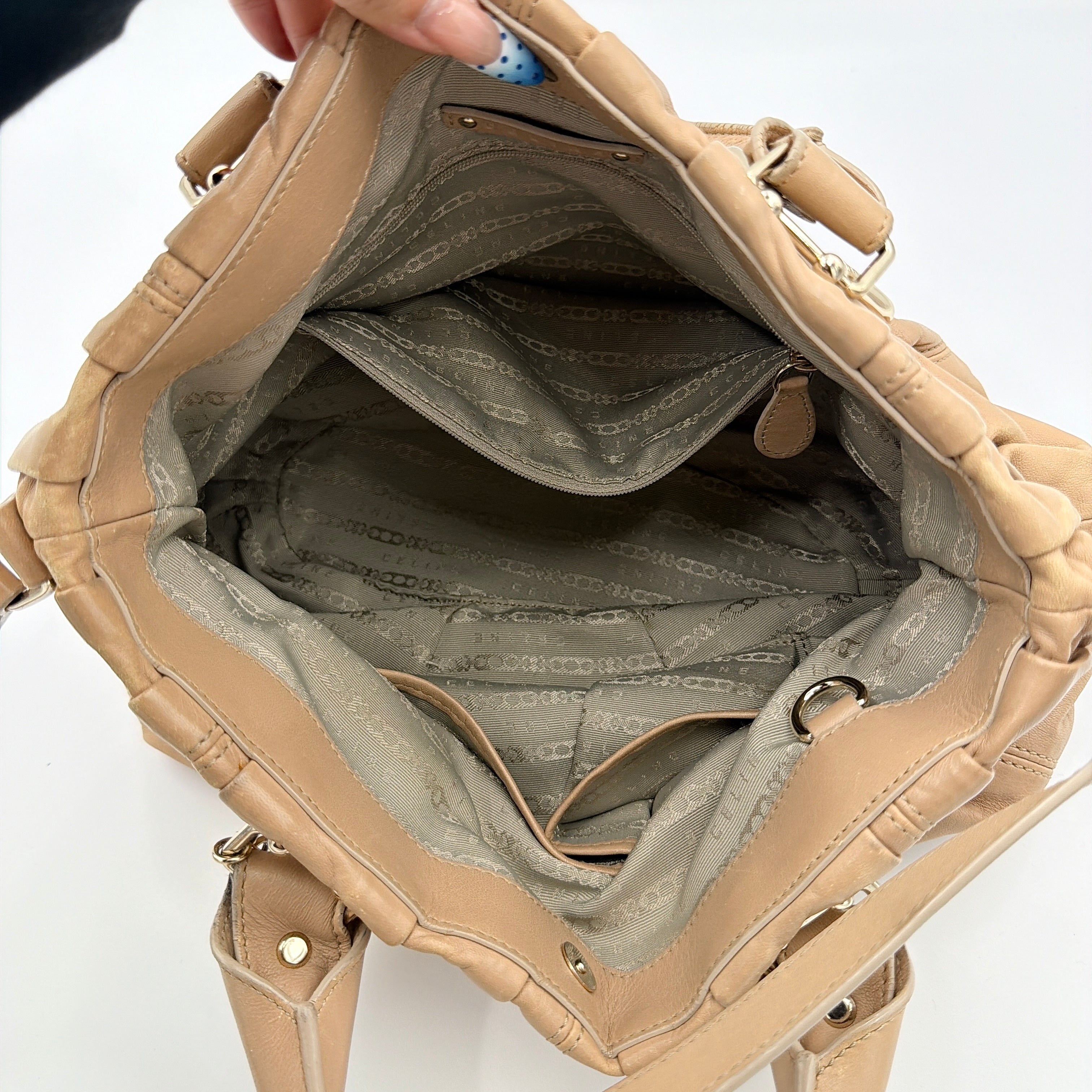 Celine 2Way Leather Shoulder Bag in muted brown leather with gold-tone hardware, adjustable strap, and double handles.