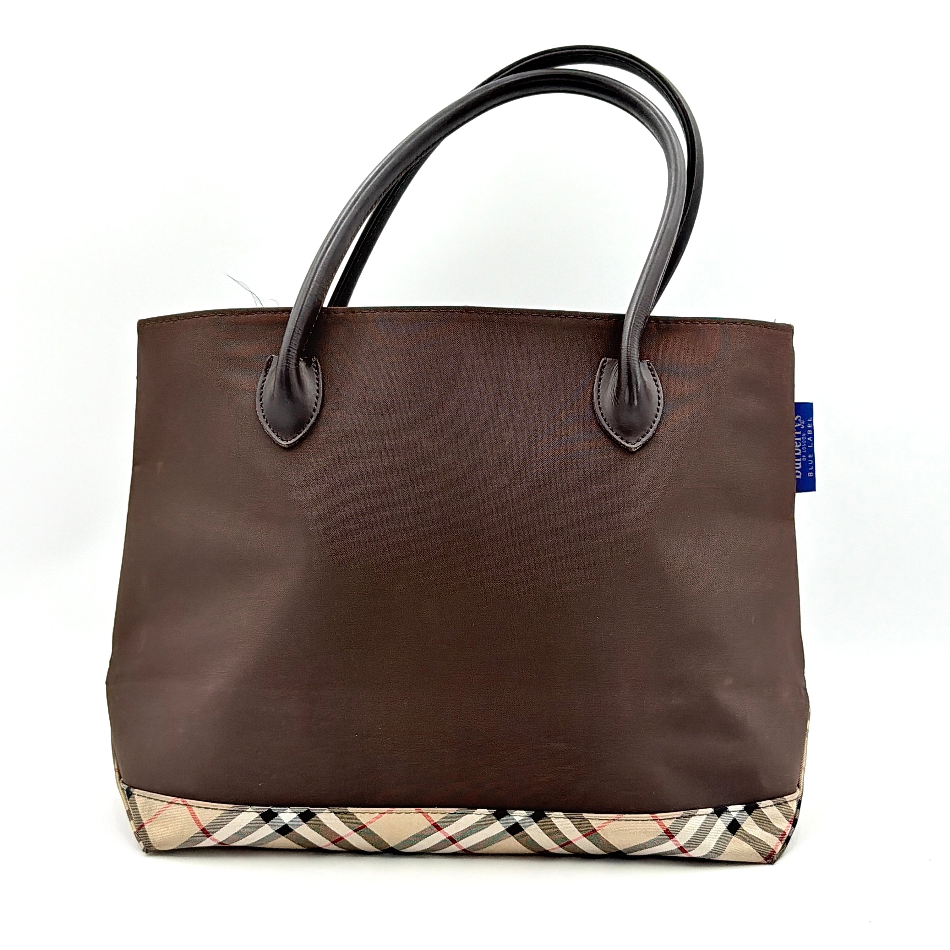 Burberry Blue Label nylon tote bag in brown with iconic check-detail base and structured double handles.
