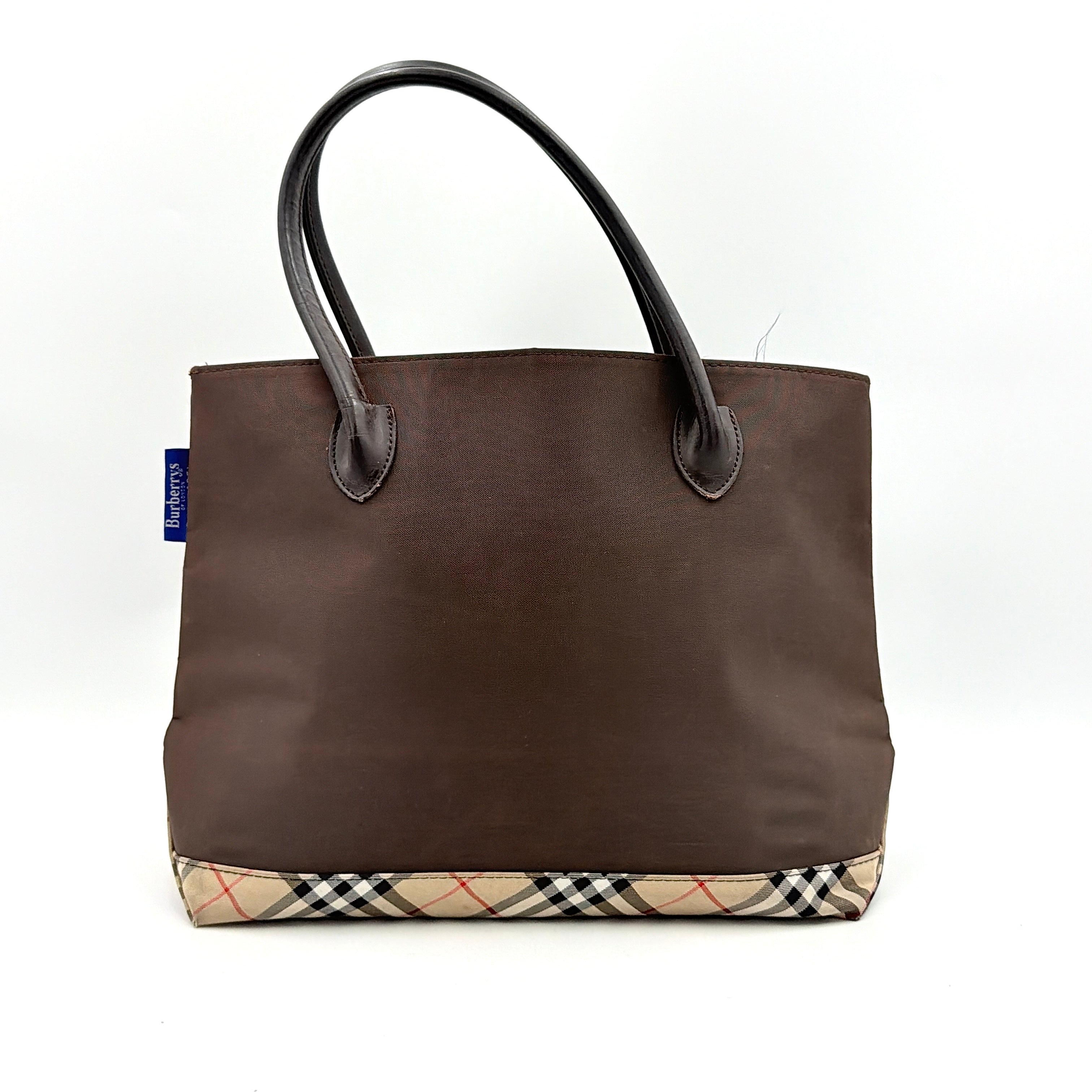 Burberry Blue Label nylon tote bag in brown with iconic check-detail base and structured double handles.