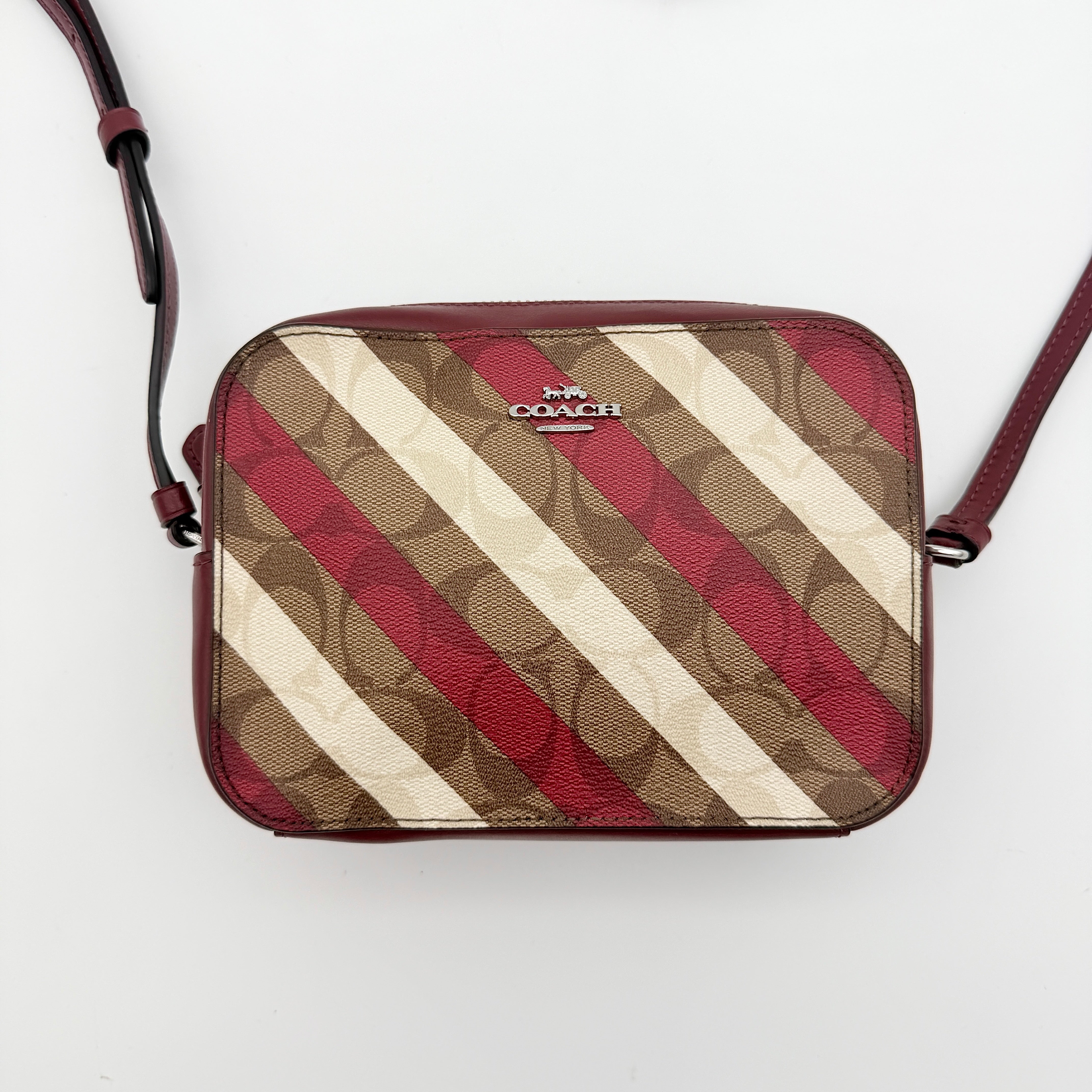 Coach Signature Stripe Mini Camera Bag Beige/Red