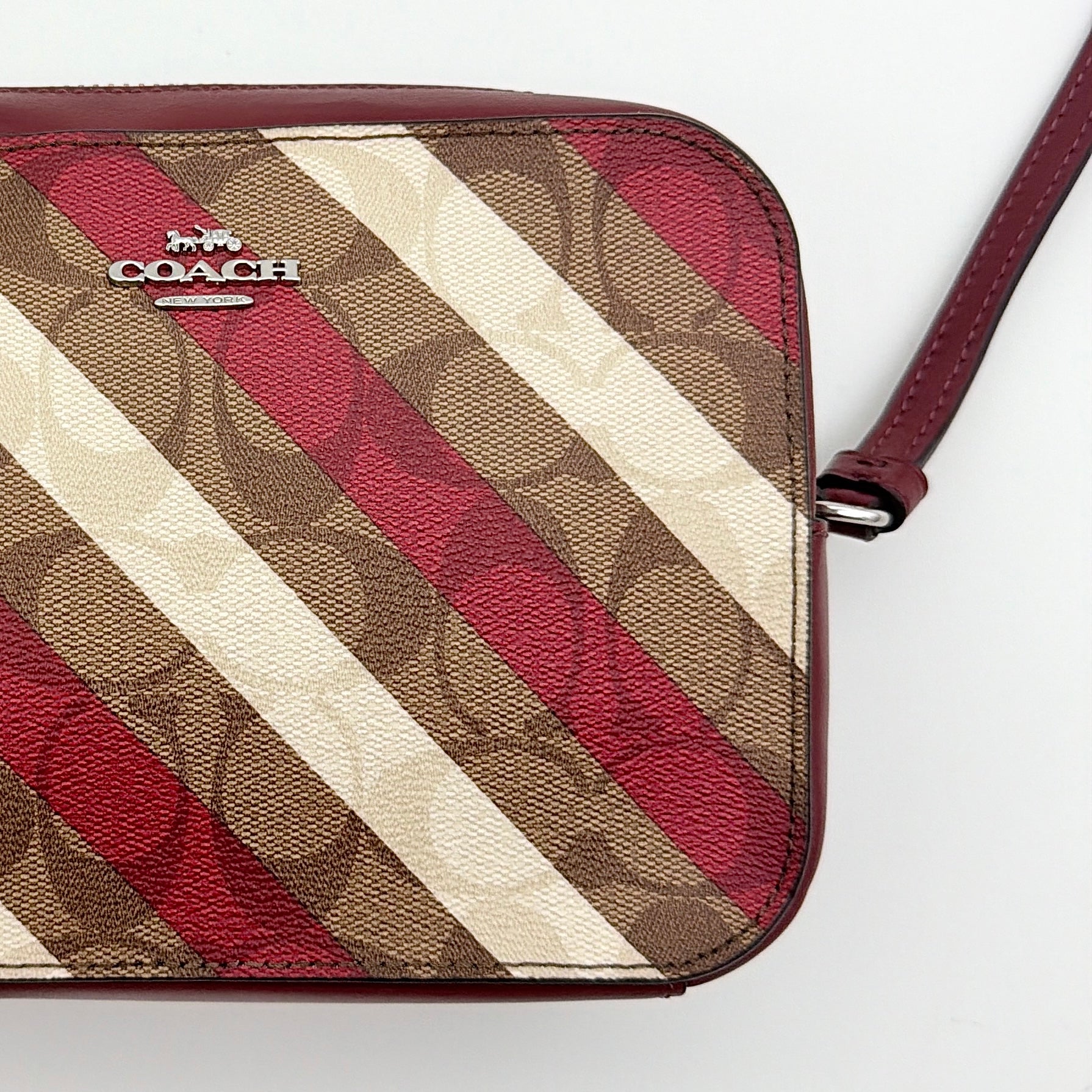 Coach Signature Stripe Mini Camera Bag Beige/Red