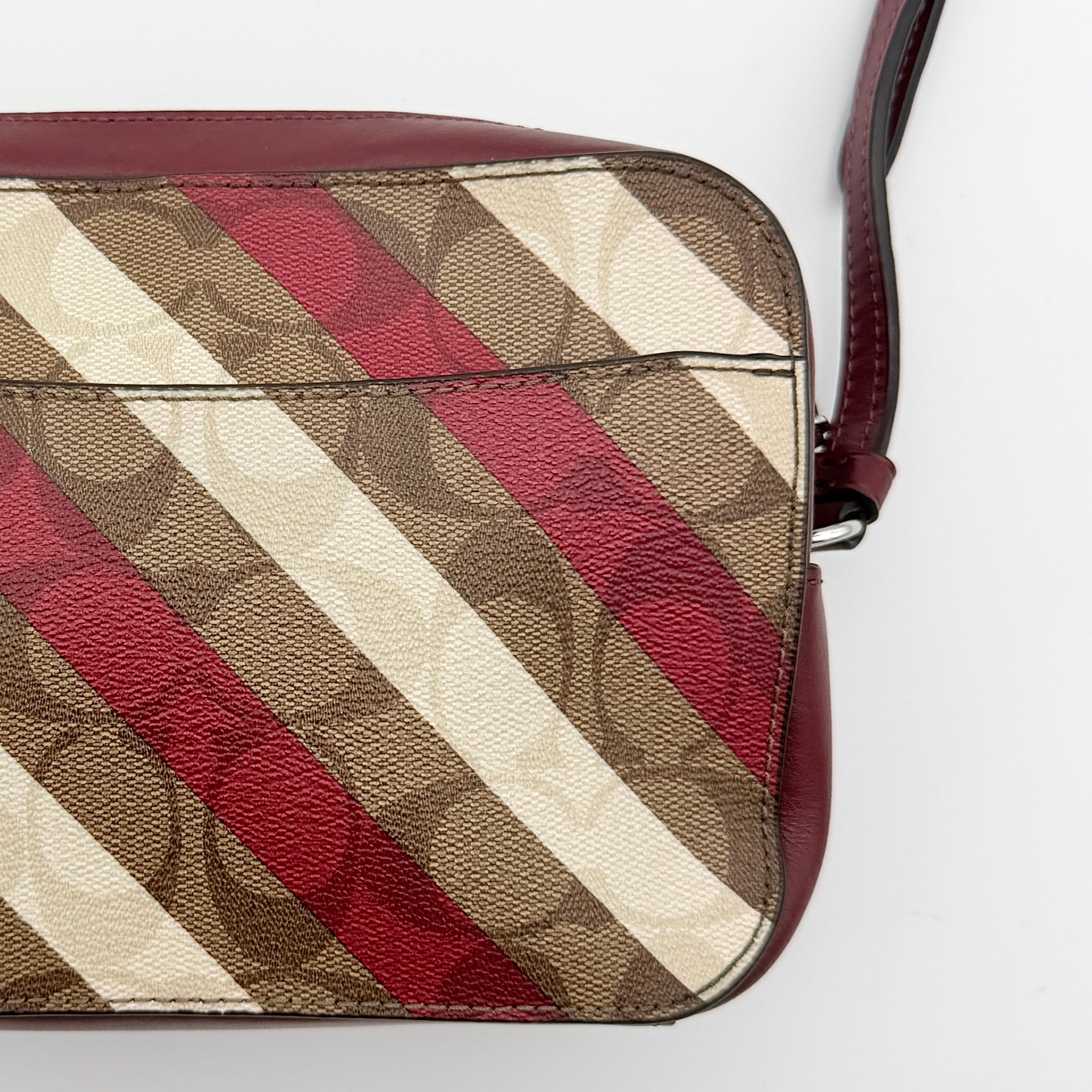 Coach Signature Stripe Mini Camera Bag Beige/Red