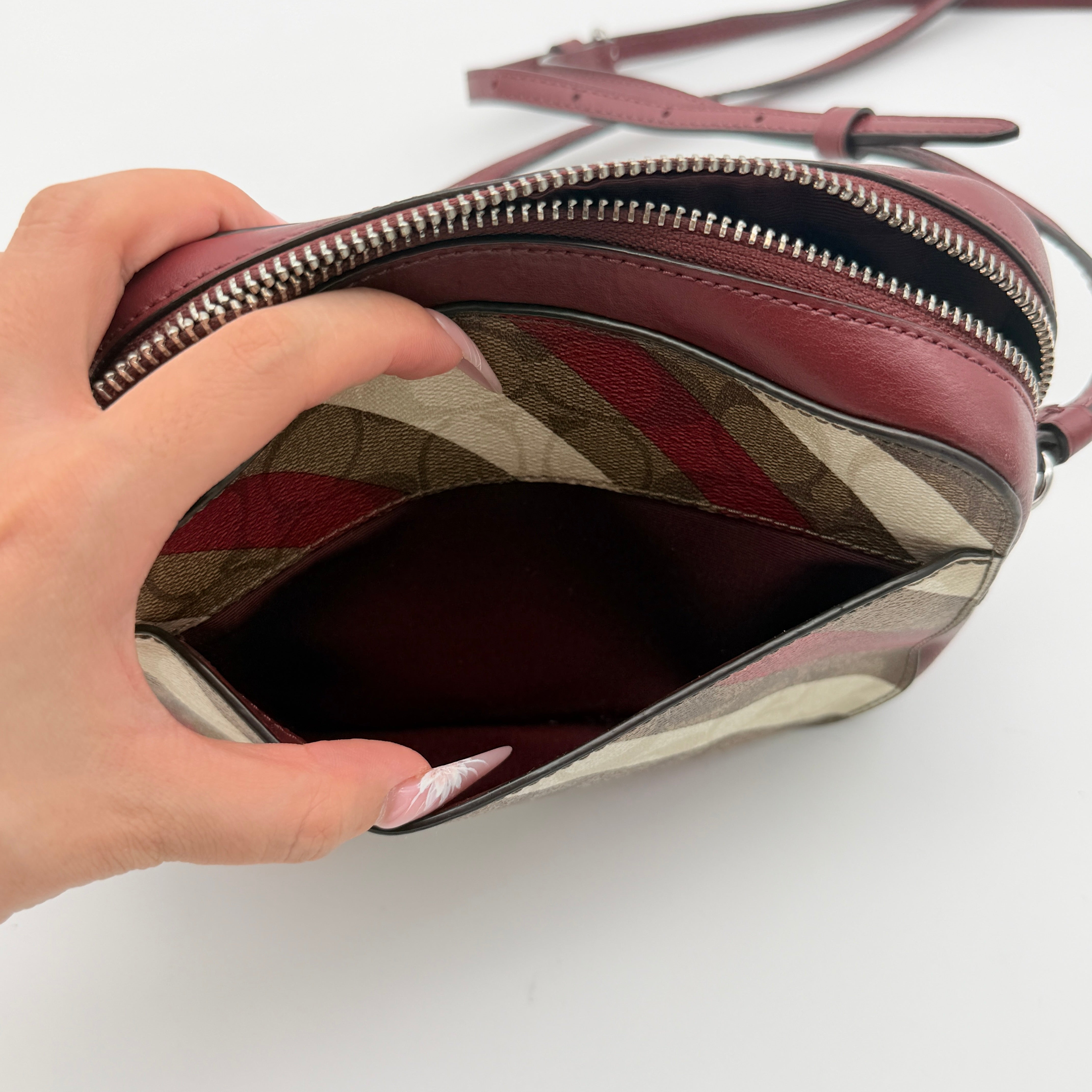 Coach Signature Stripe Mini Camera Bag Beige/Red