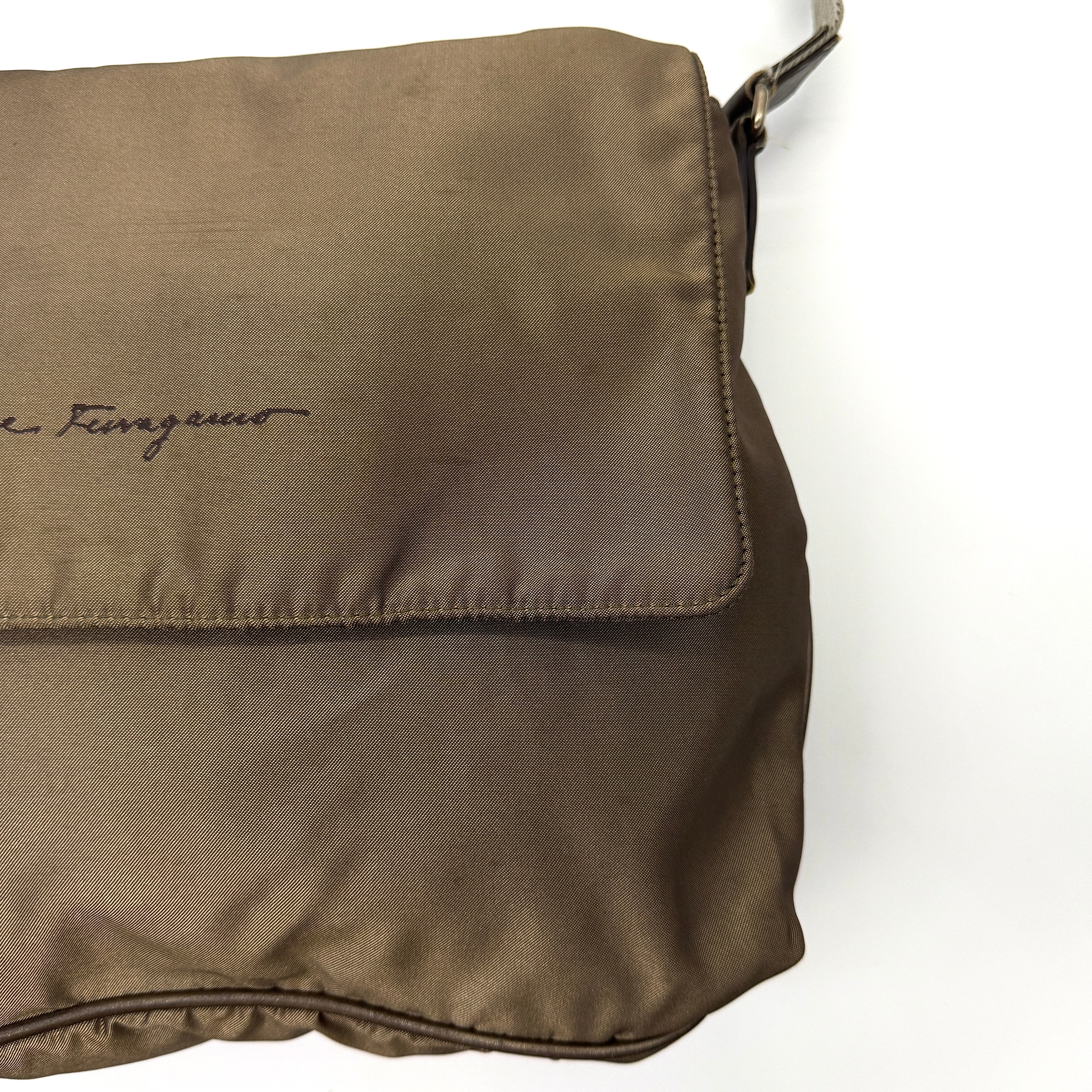 Salvatore Ferragamo Nylon Messenger Crossbody Bag Brown