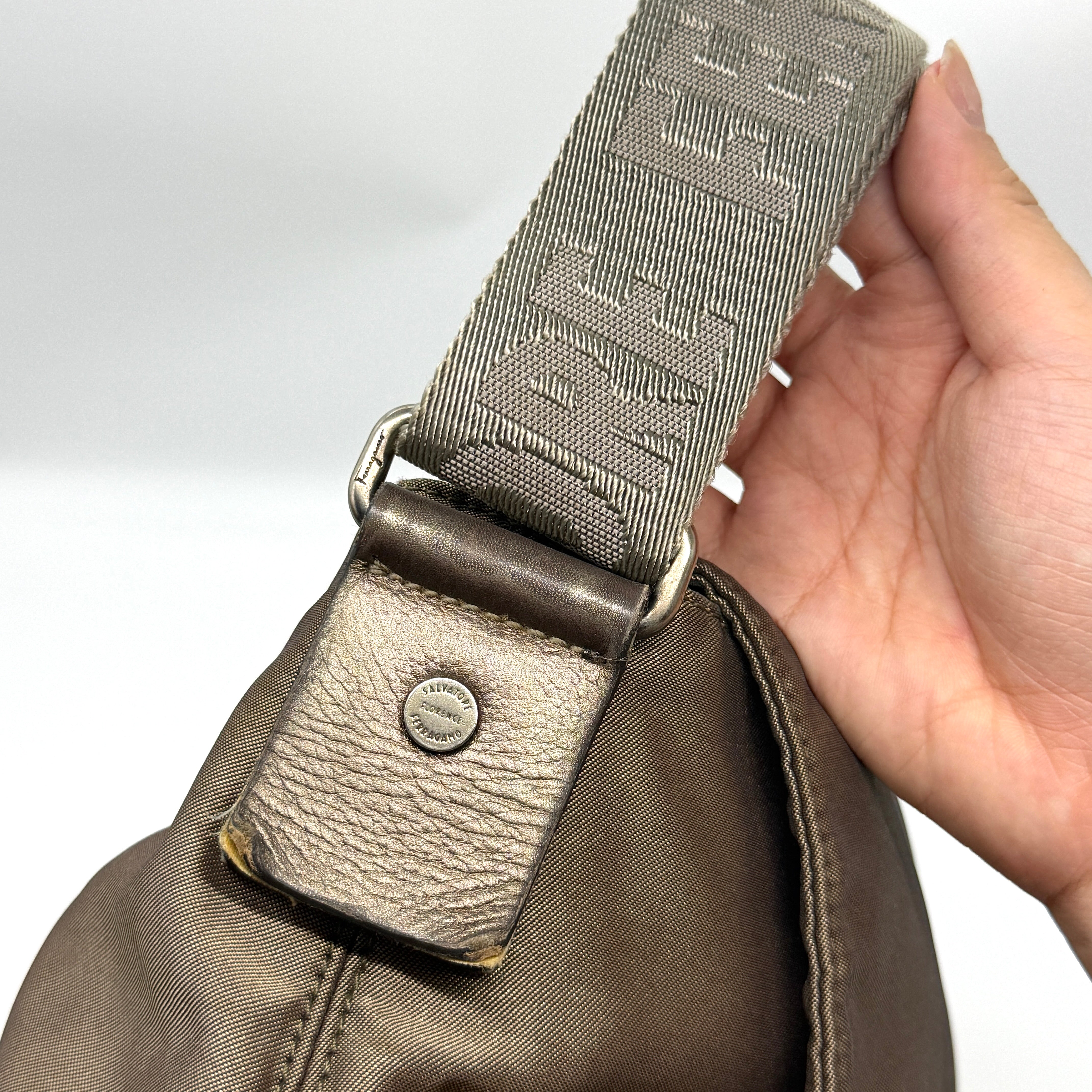 Salvatore Ferragamo Nylon Messenger Crossbody Bag Brown