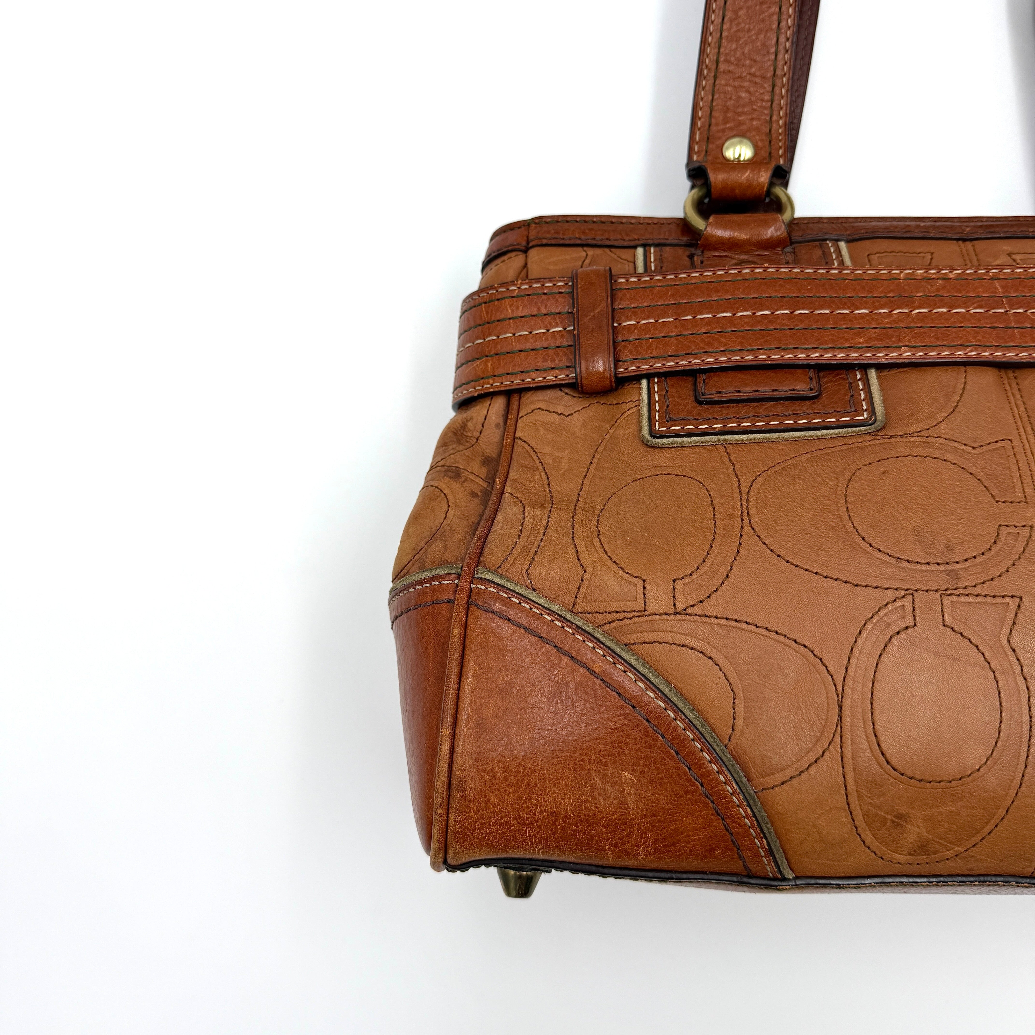 Coach Signature Hampton Embossed Shoulder Bag Brown