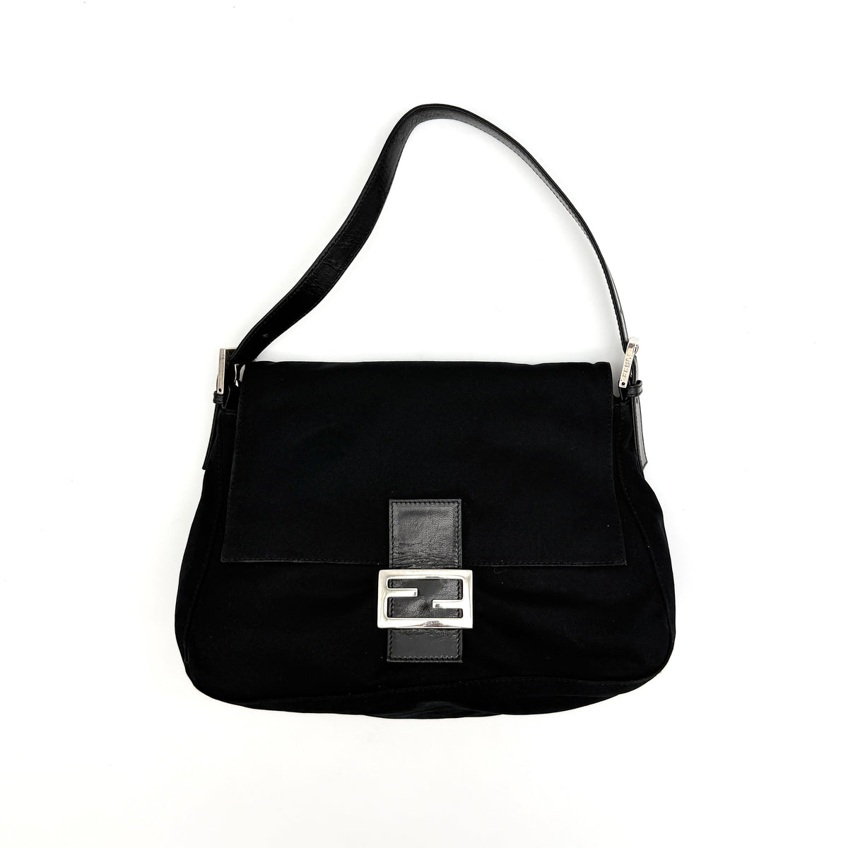 Fendi Mamma Baguette Shoulder Bag in black fabric with silver FF buckle and leather strap, photographed on a white backdrop.