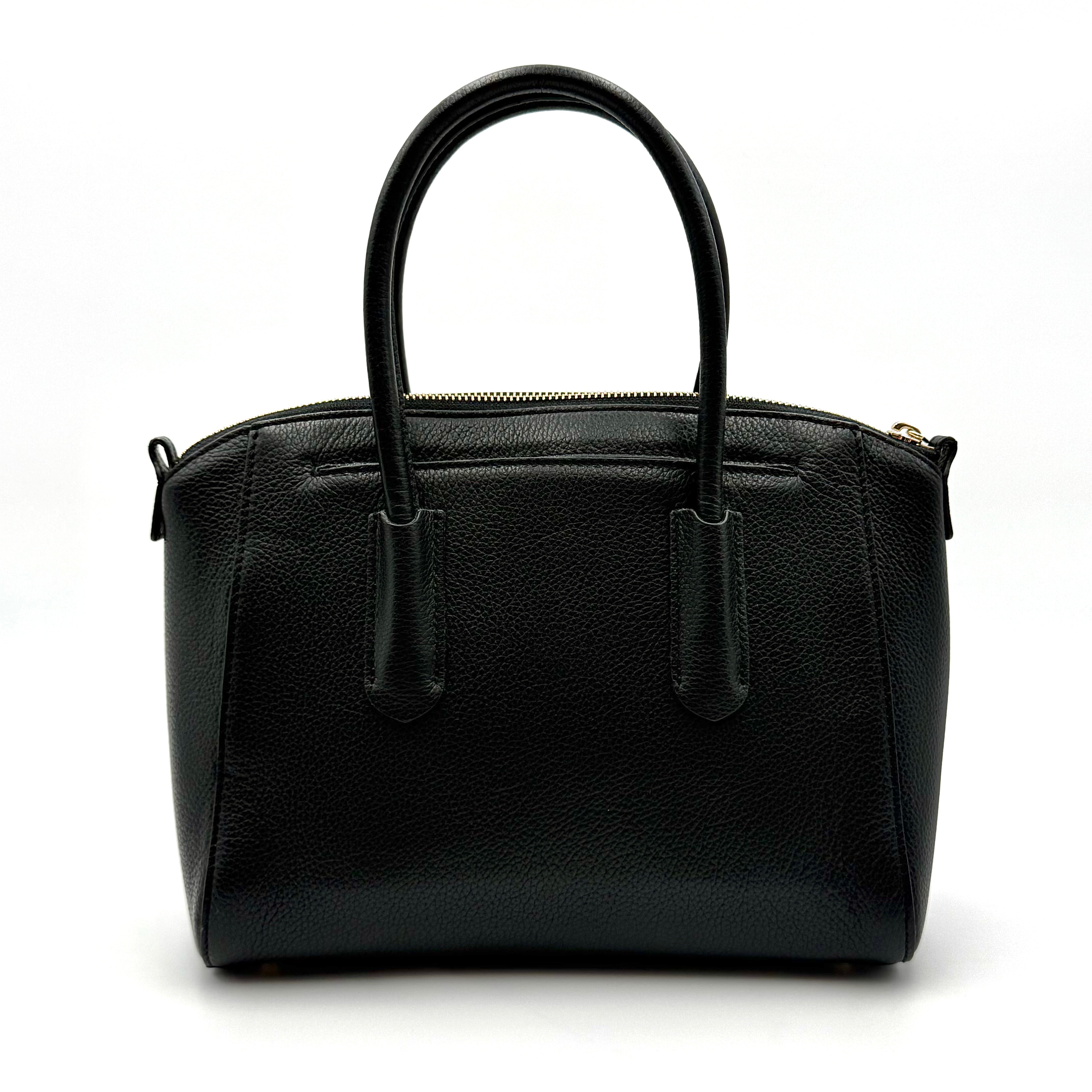 Front view of the Furla Tessa black leather satchel with gold-tone Furla charm and structured silhouette.