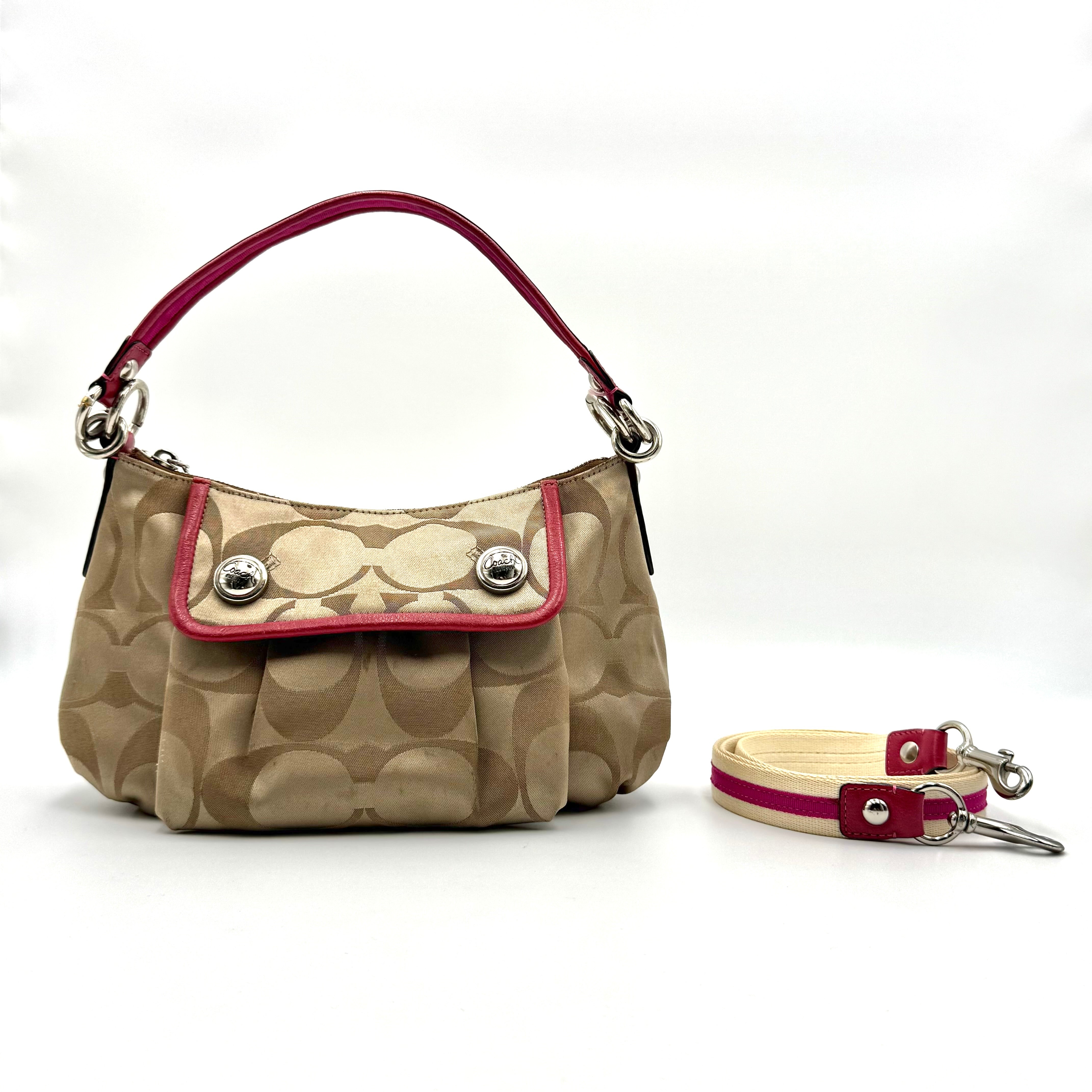 Coach Signature Poppy Sateen Groovy Shoulder Bag in beige with pink trim and detachable strap, displayed on a white background.