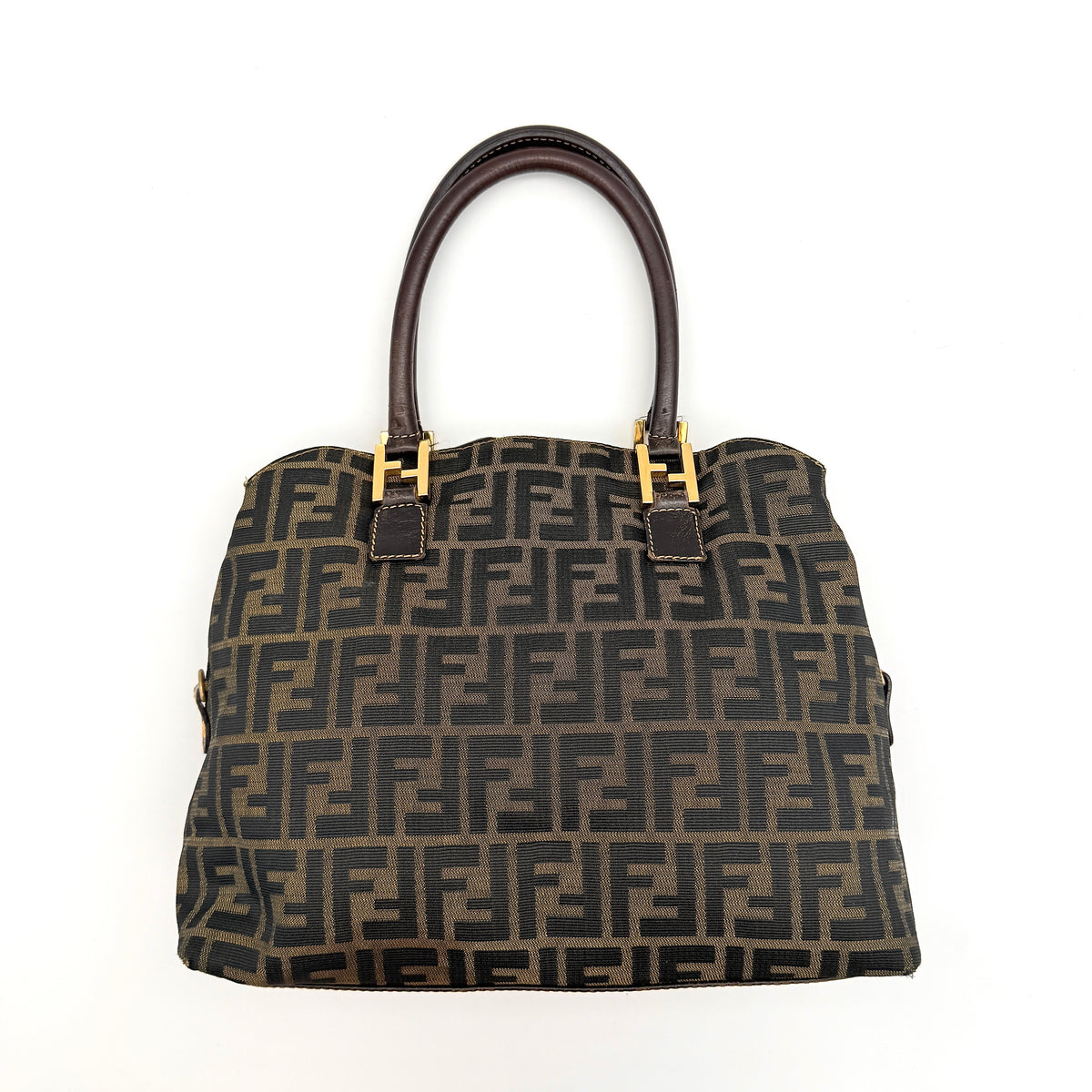 Fendi Zucca FF Monogram Handbag in brown canvas with leather handles and gold hardware, displayed against a clean background.