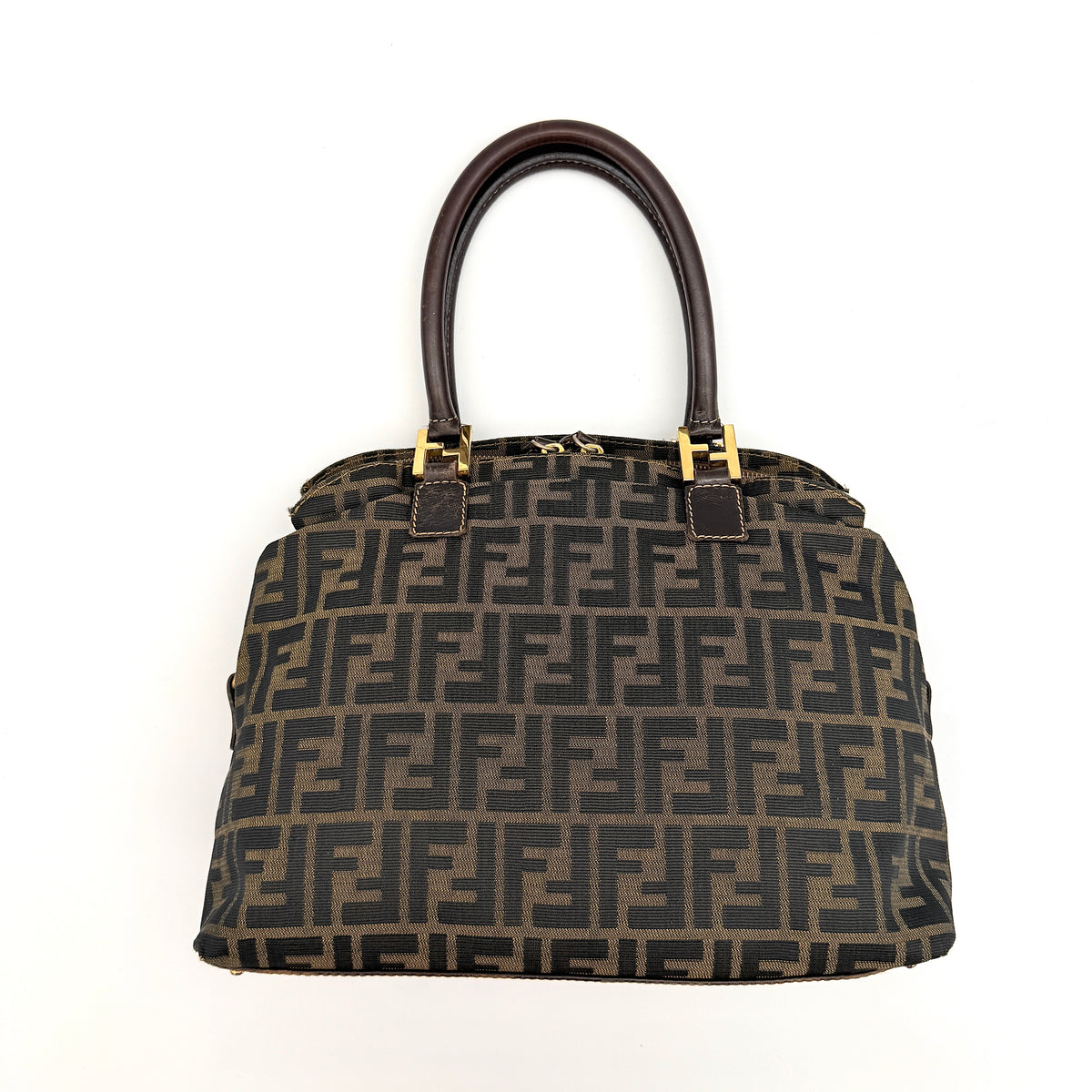 Fendi Zucca FF Monogram Handbag in brown canvas with leather handles and gold hardware, displayed against a clean background.