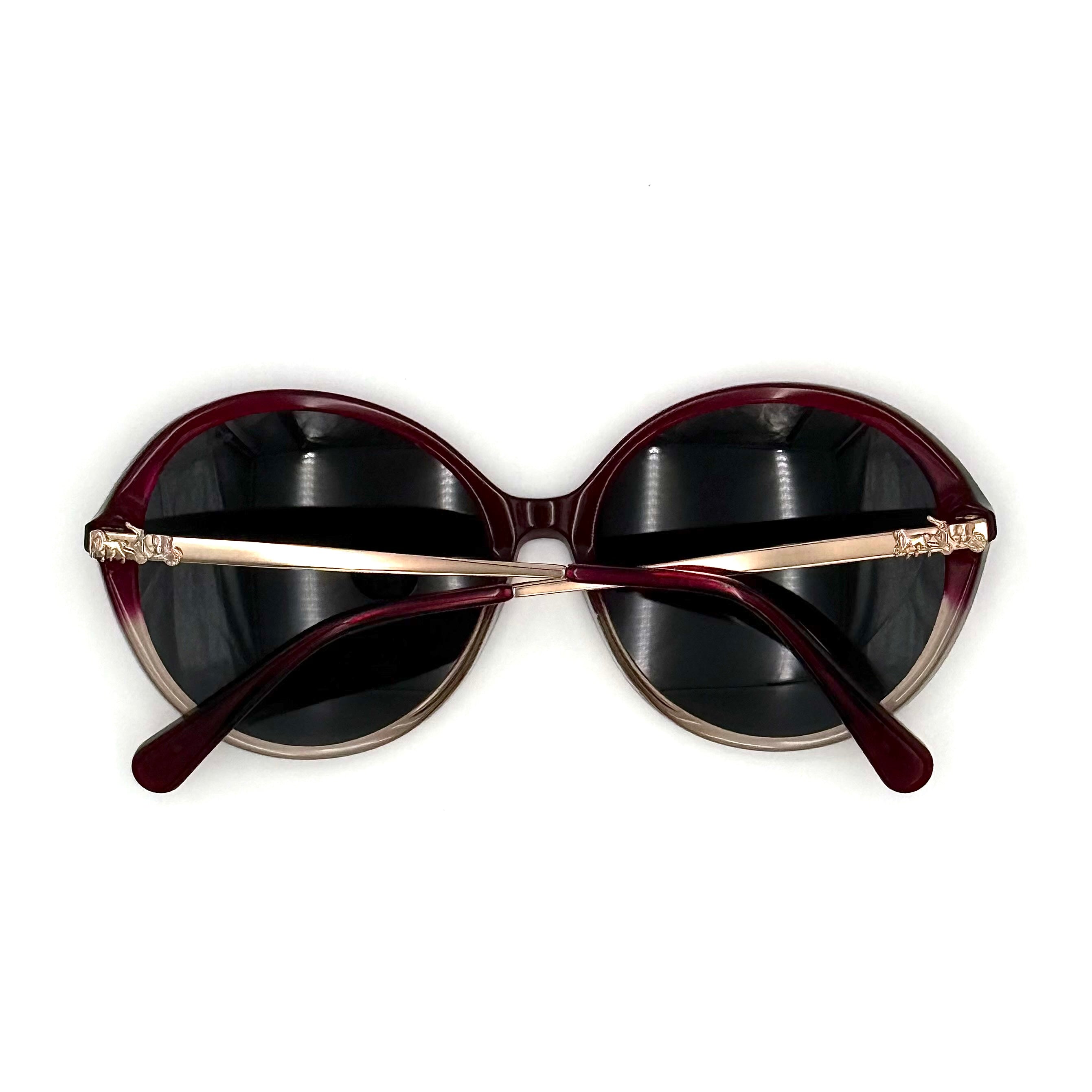 Coach HC8214F sunglasses in a red-to-sand gradient acetate frame with gold-tone metal temples and signature carriage detail.