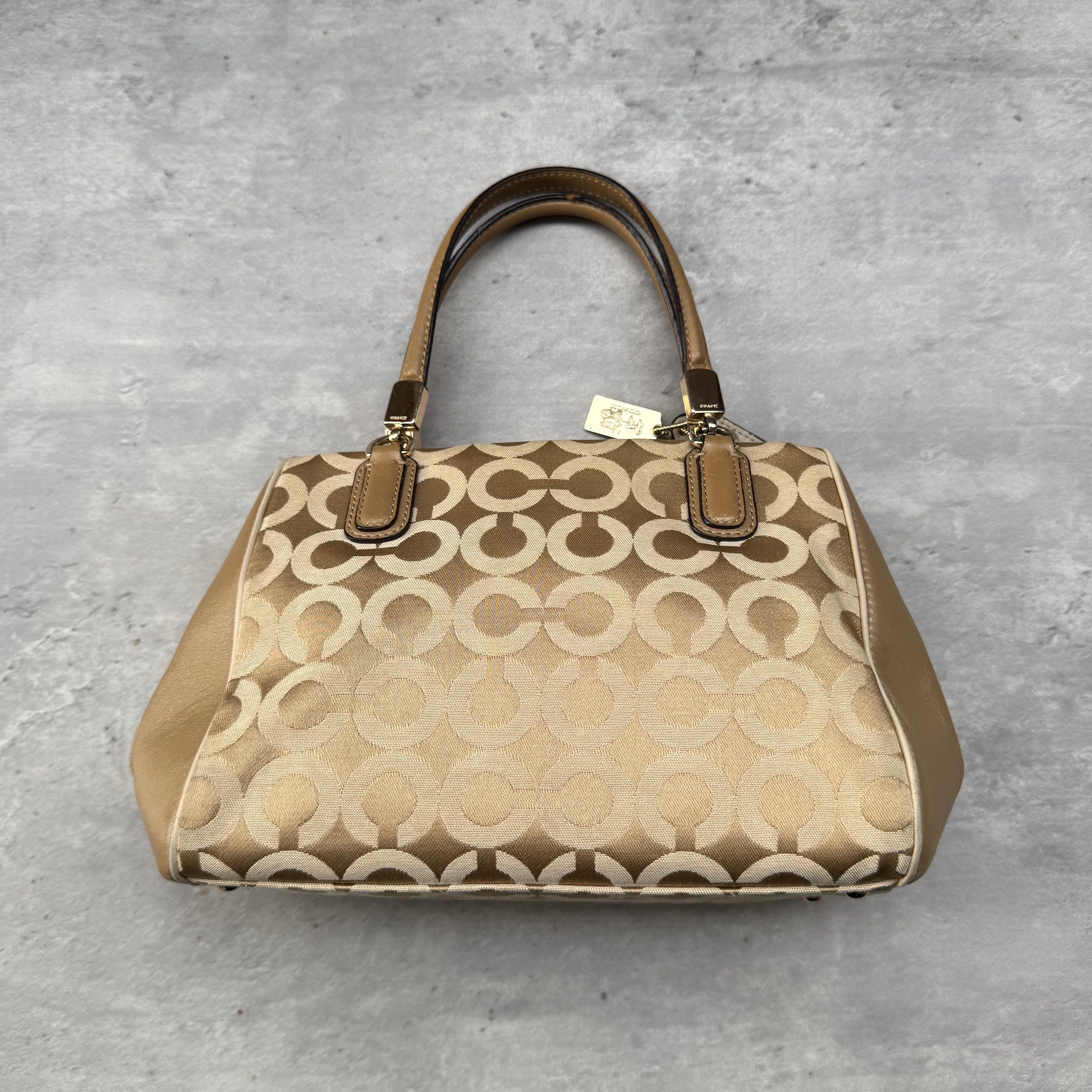 Coach Madison Op Art Sateen Madeline East West Handbag Beige