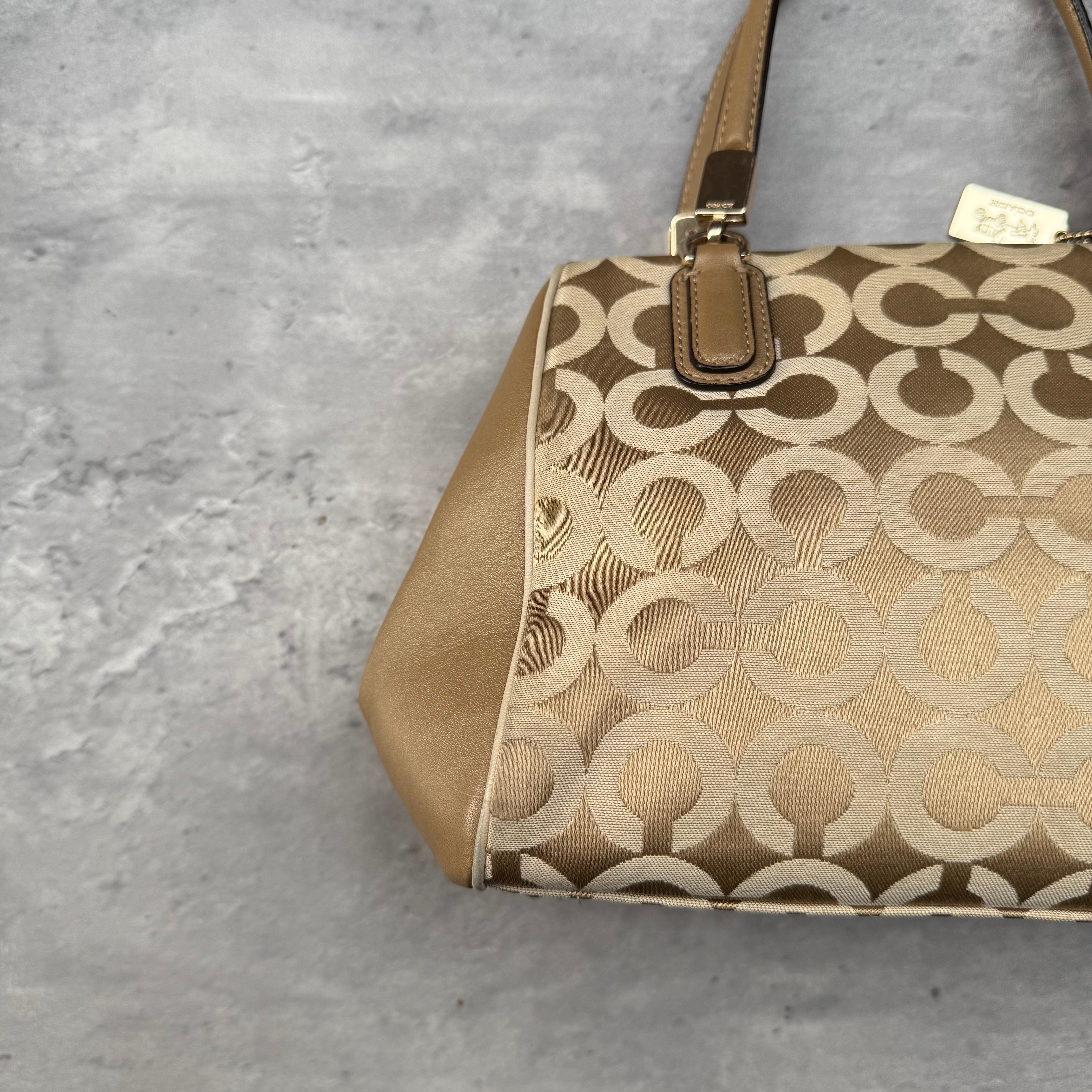 Coach Madison Op Art Sateen Madeline East West Handbag Beige