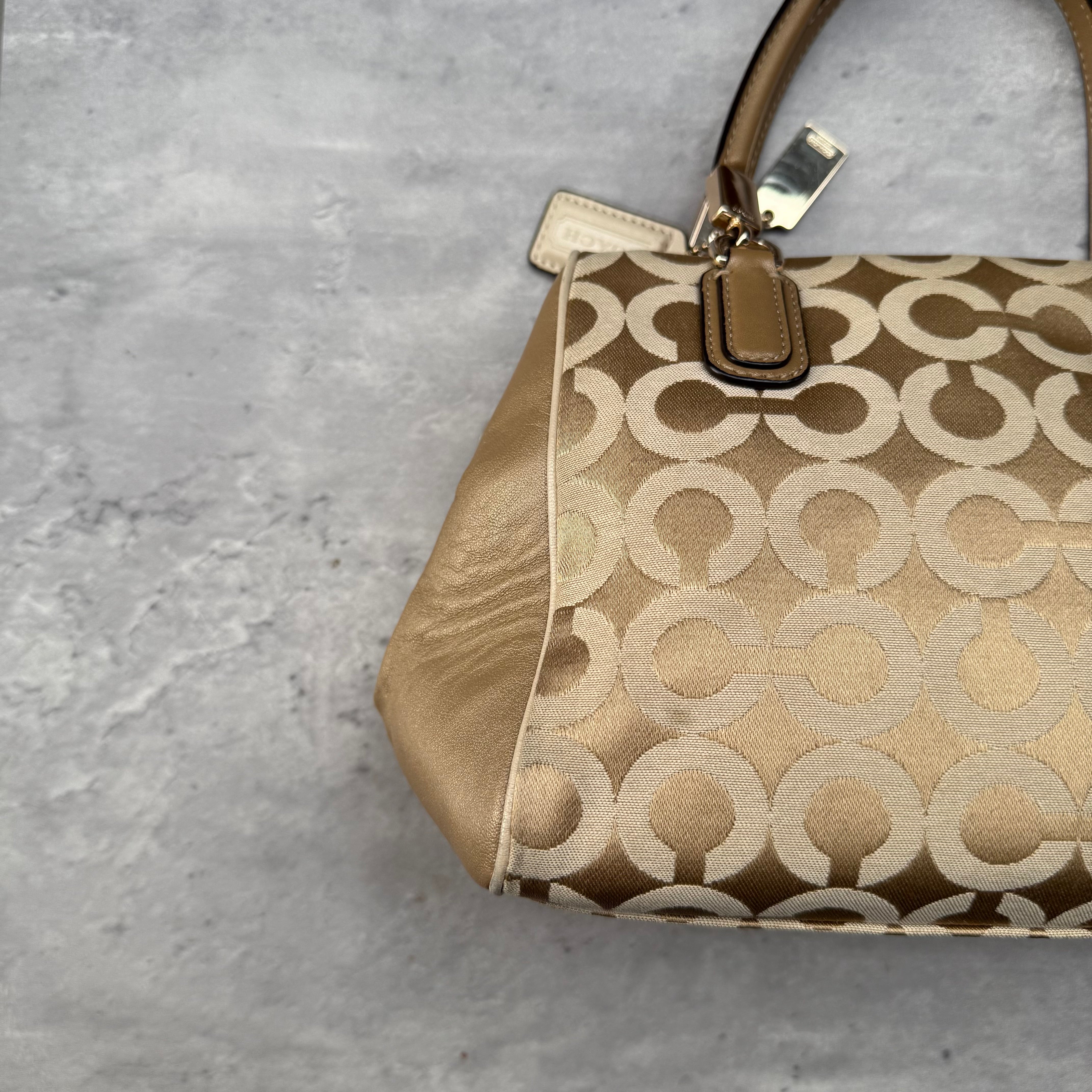 Coach Madison Op Art Sateen Madeline East West Handbag Beige