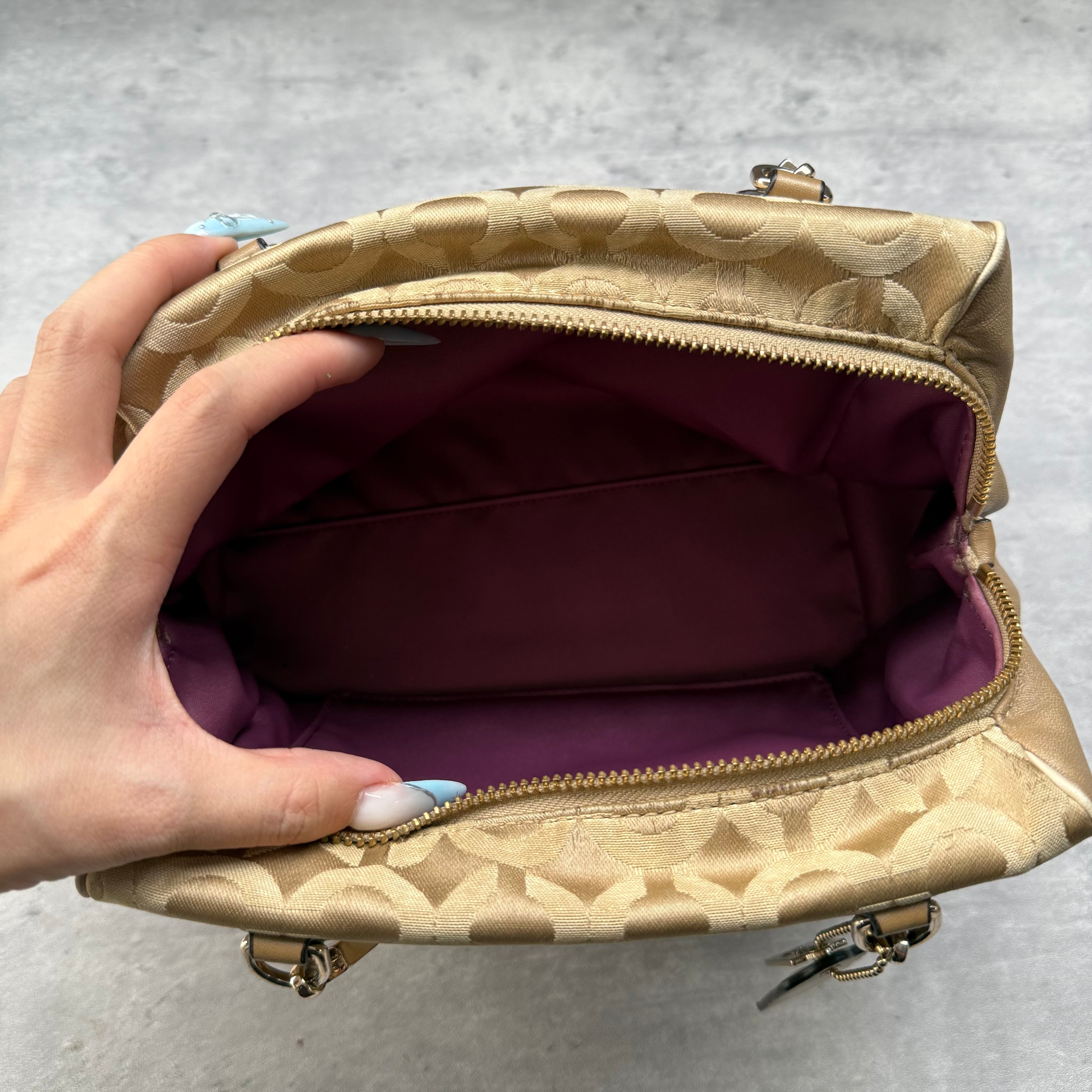 Coach Madison Op Art Sateen Madeline East West Handbag Beige