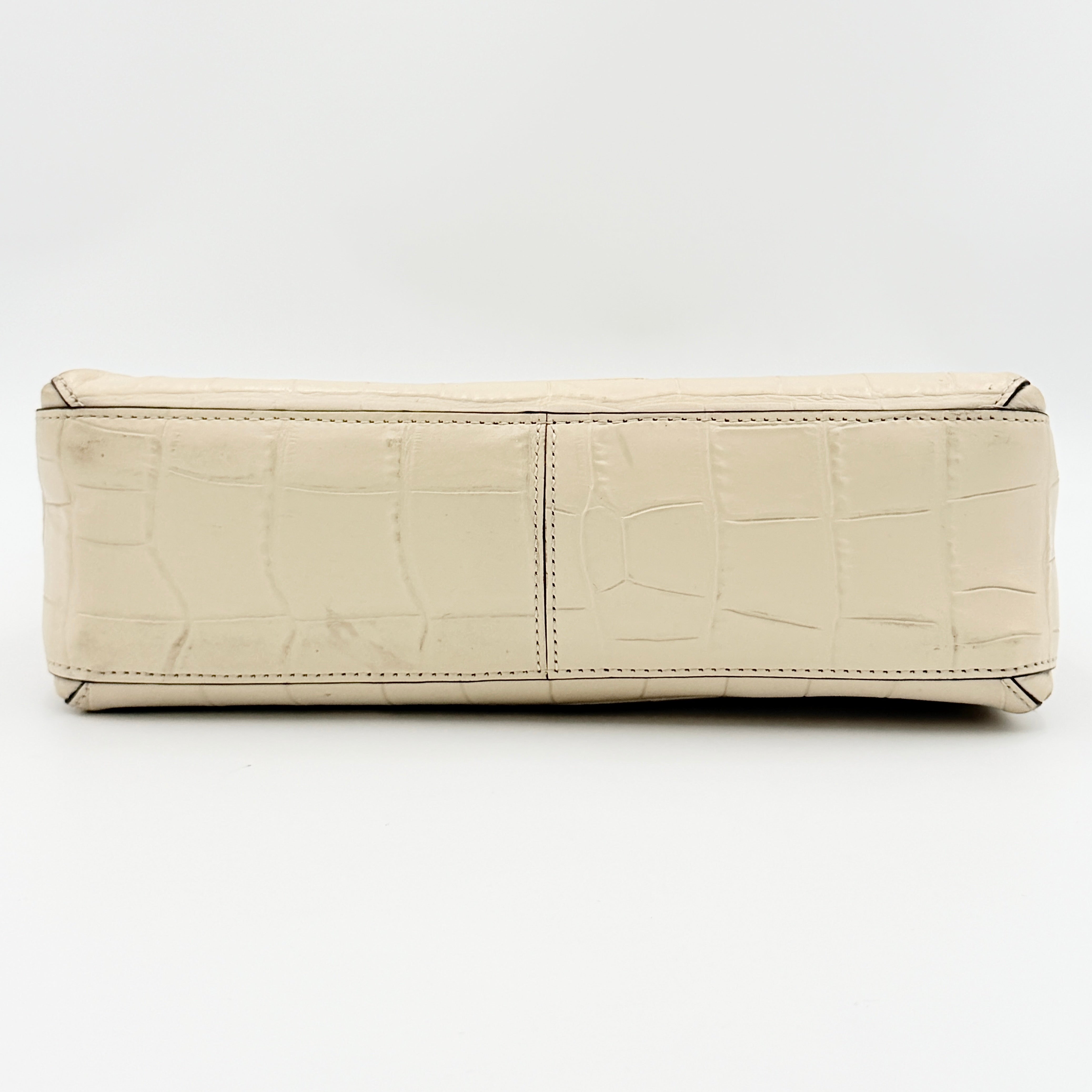 Coach Grace Shoulder Bag in ivory croc-embossed leather with gold-tone carriage plaque and structured shoulder strap.