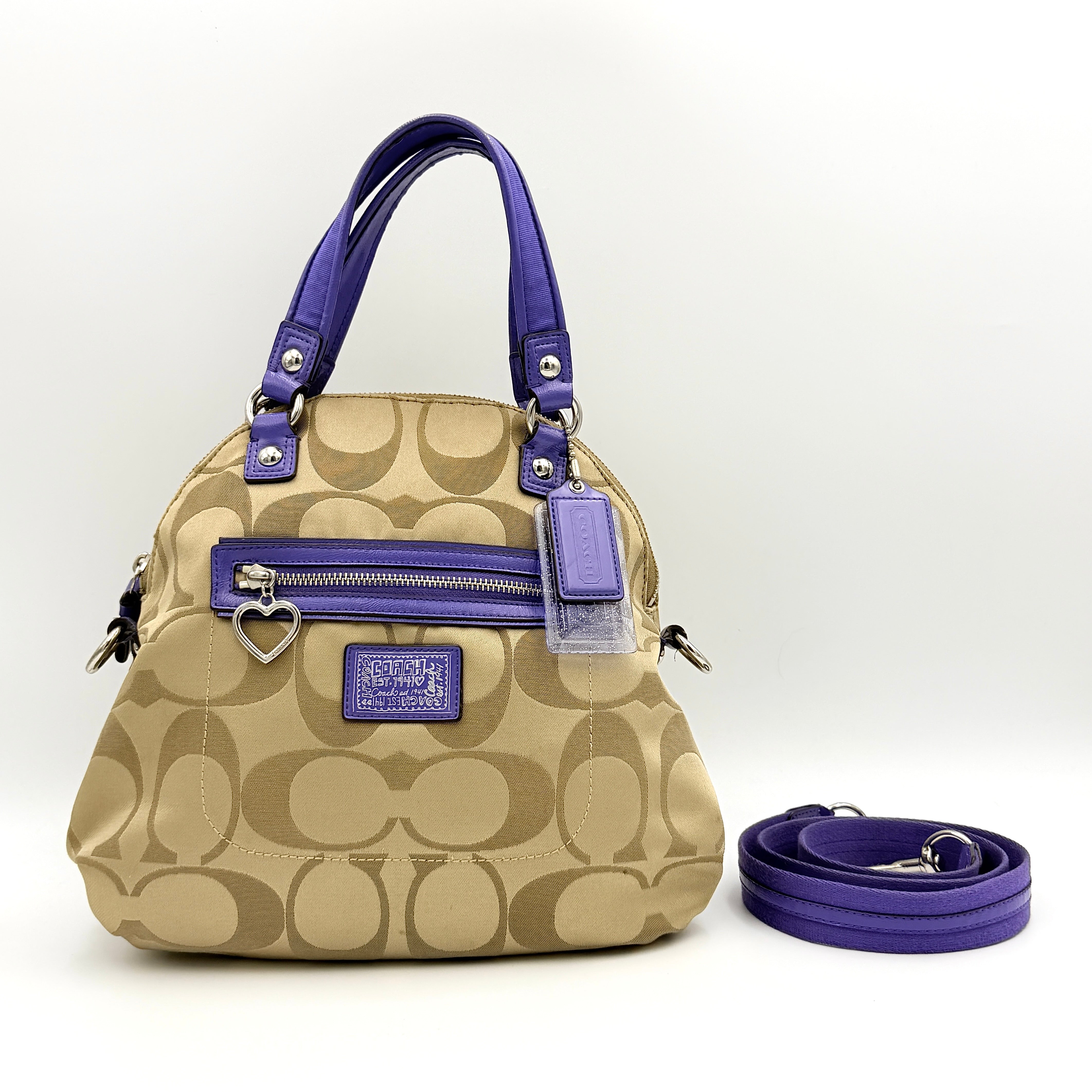 Coach 2Way Signature Poppy Satchel Handbag Beige/Purple