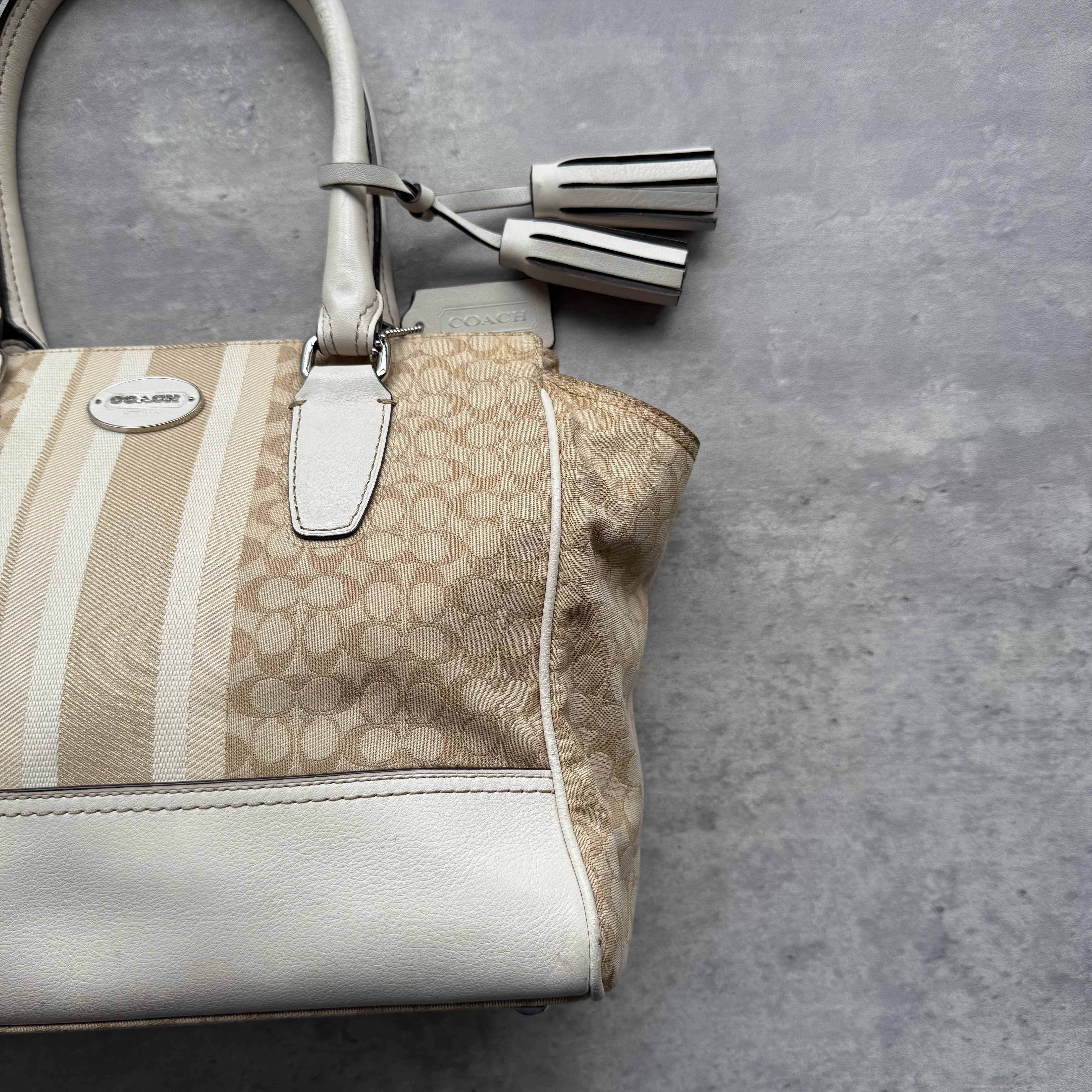 Coach Signature Stripe Candace Carryall Handbag Beige/White