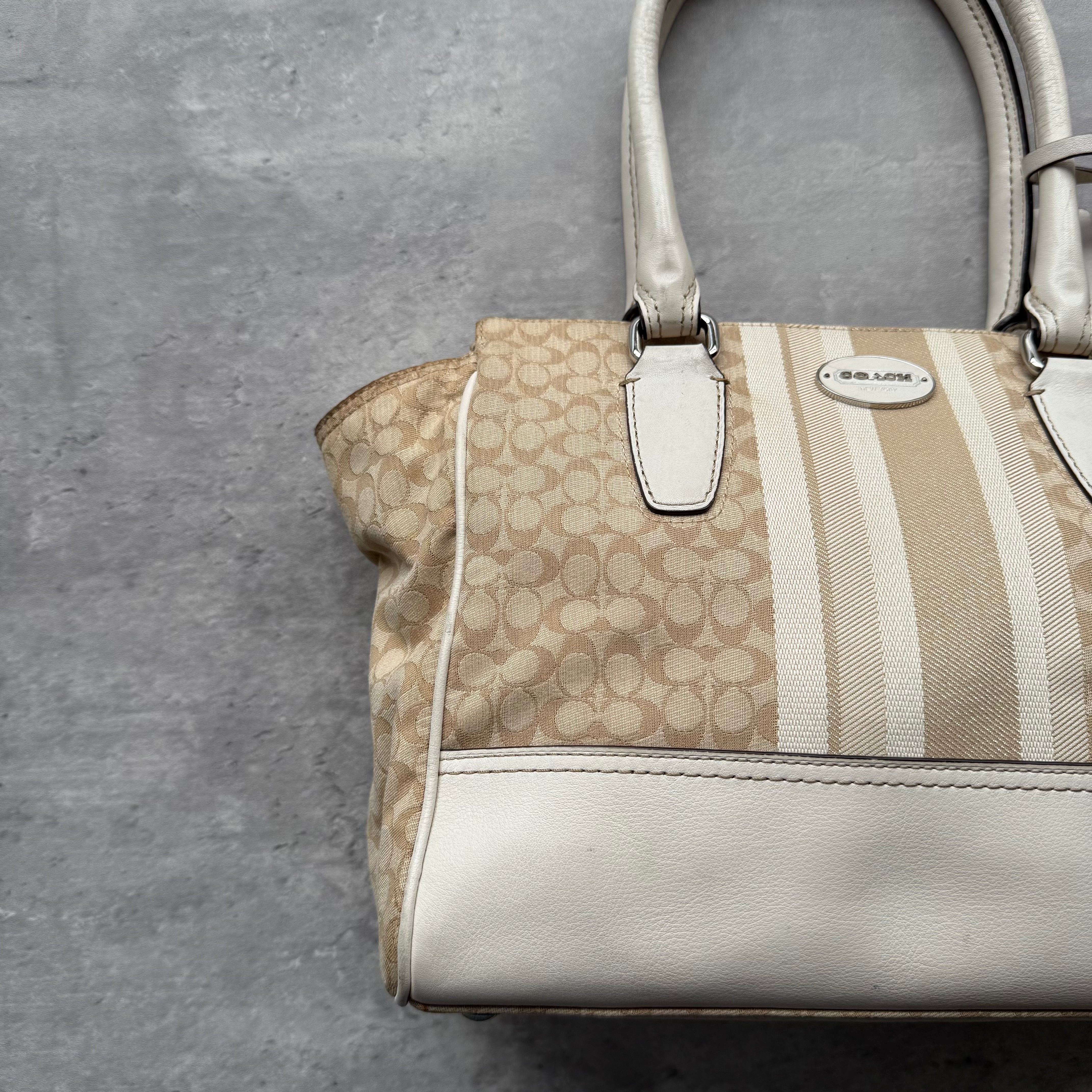 Coach Signature Stripe Candace Carryall Handbag Beige/White