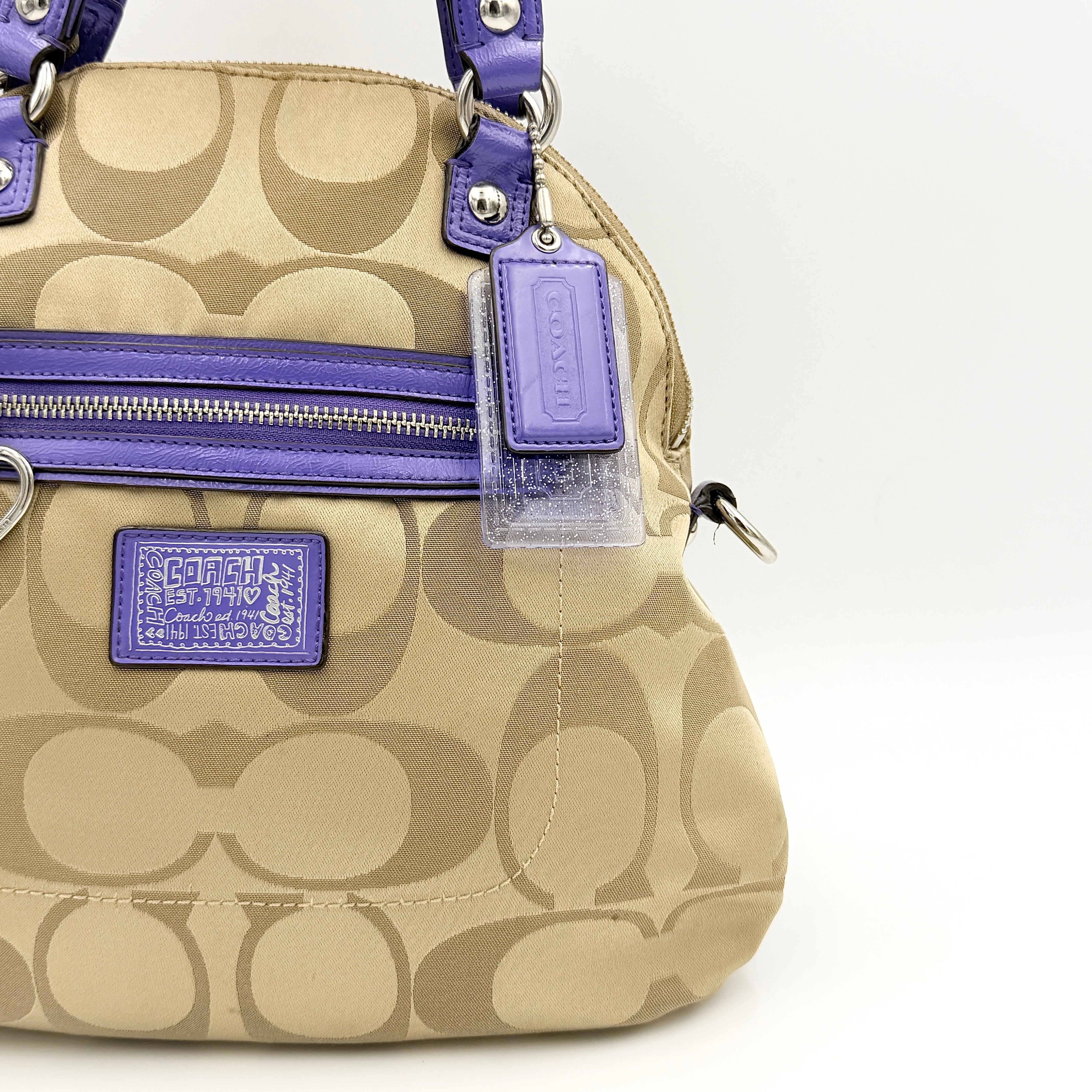 Coach 2Way Signature Poppy Satchel Handbag Beige/Purple
