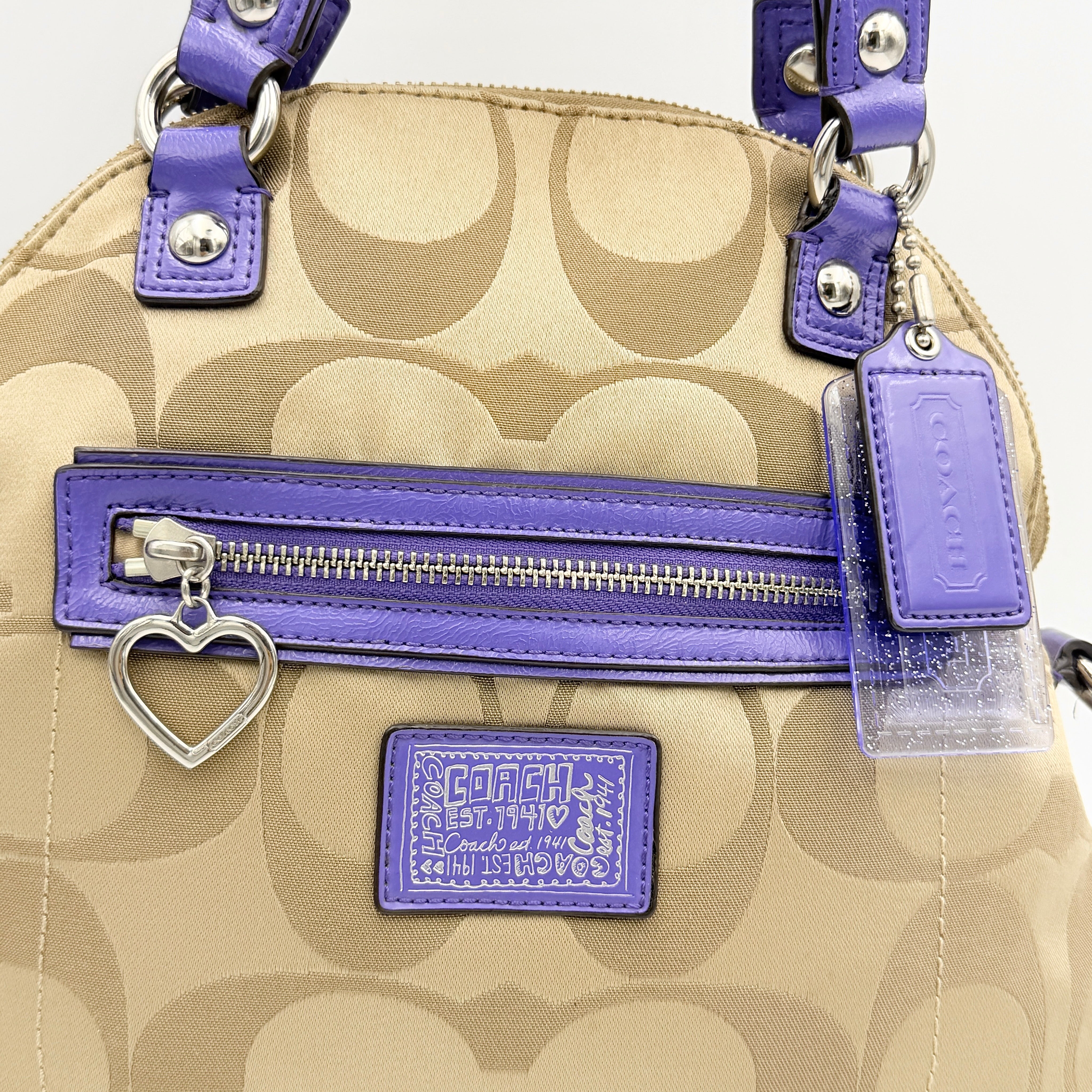 Coach 2Way Signature Poppy Satchel Handbag Beige/Purple
